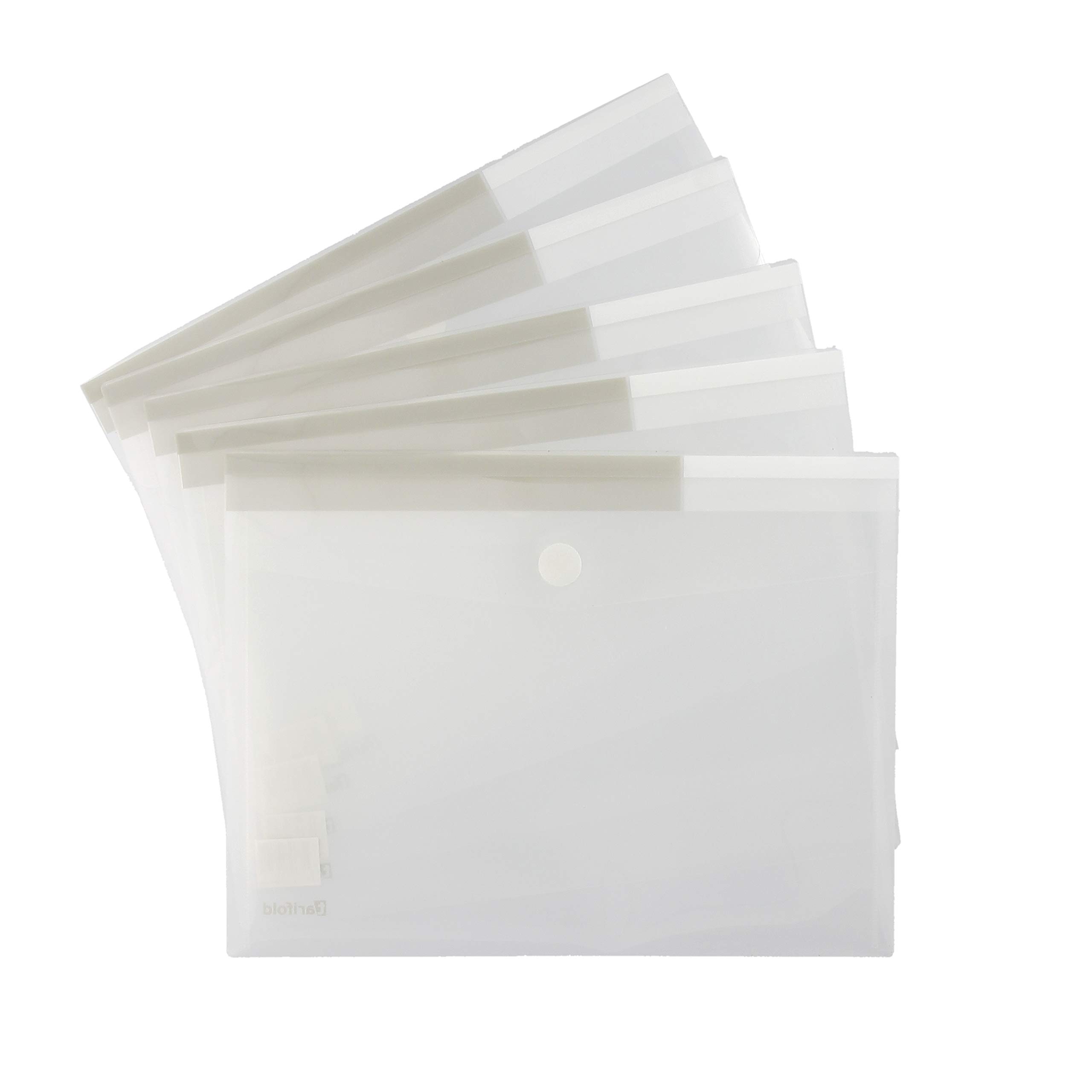 Djois, 510711 - Pack de 5 Carpetas Sobre A4 - Cierre textil scratch, Carpeta Sobre Portadocumentos, Polipropileno Reciclado - Transparente, para oficina, colegio, hogar y viaje