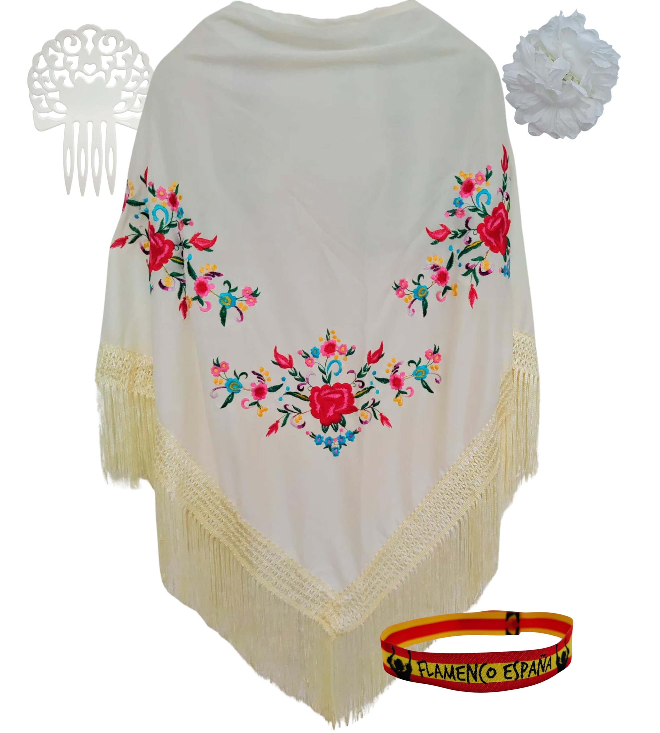 Pack Flamenco Con Mantón Bordado, Peineta, Flor Con Pinza Y Pulsera – Accesorios Para Feria Y Sevillanas