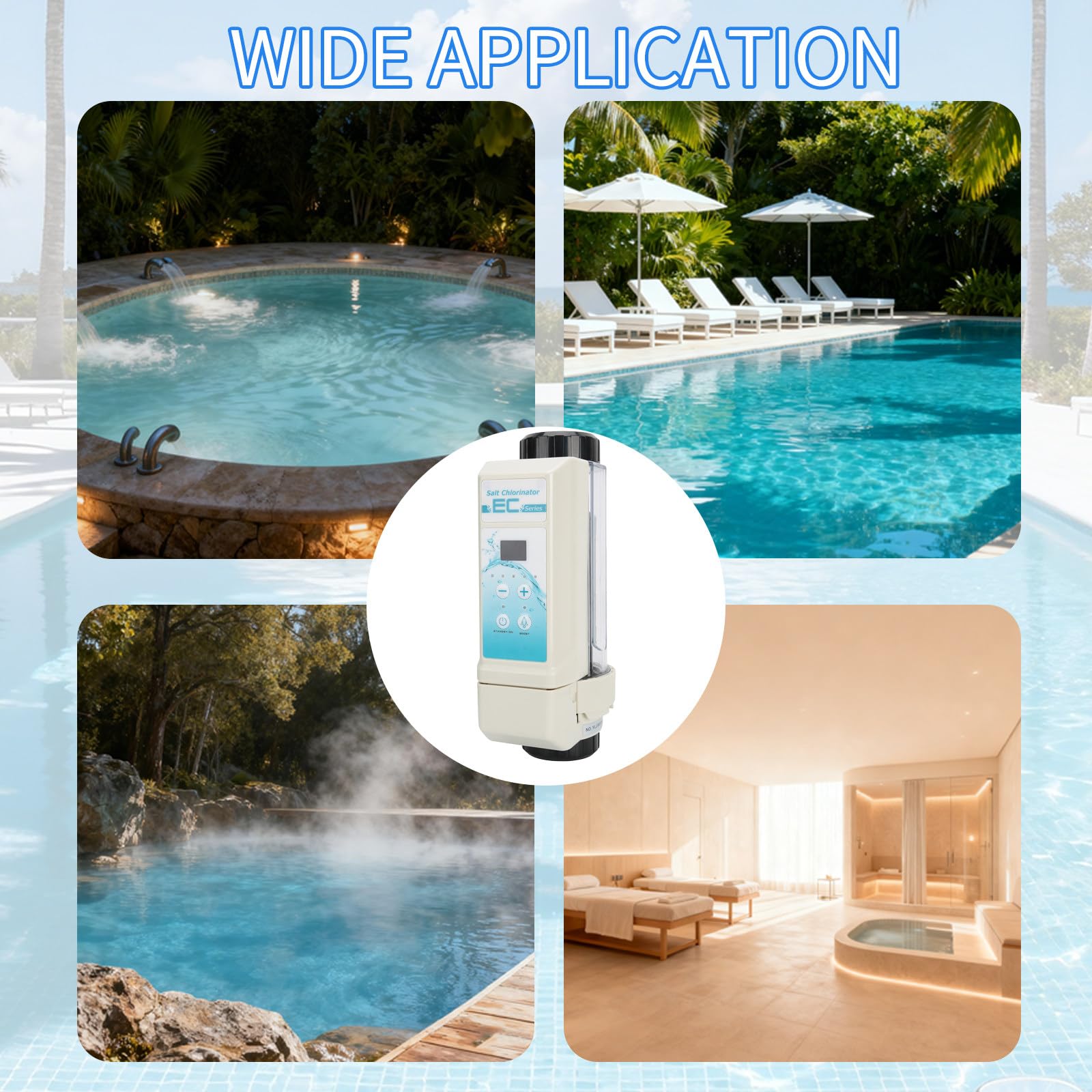 Clorador de Sal para Piscinas, Generador de Cloro con Función de Limpieza Automática, Panel LED, para Piscinas, Spas e Hidroterapia, Funcionamiento Sencillo 8g/h