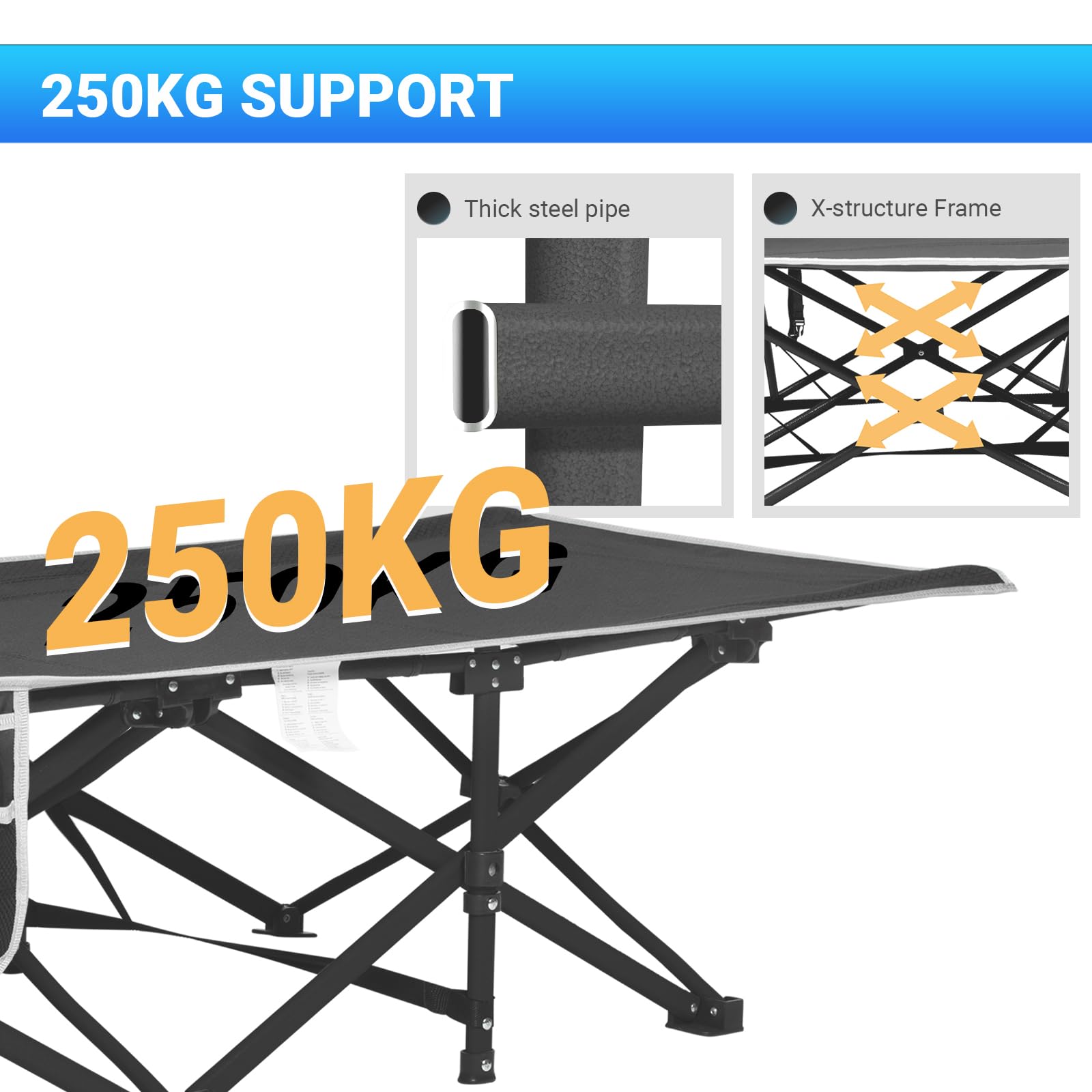 OVERMONT Lettino da Campeggio Brandina Pieghevole - Letto Pieghevole Portatile Singolo con Materasso - XL Caricabile Fino 250 kg - con Tasca Laterale per Esterni Viaggi Spiaggia Giardino Ufficio