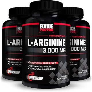 Force Factor L-Arginine,3-Pack,Nitric Oxide Supplement with BioPerine to Help Build Muscle & Support Stronger Blood Flow,Circulation,Nutrient Delivery,& Pumps,L-Arginine 3000mg,3g,450 Capsules