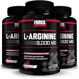 Force Factor L-Arginine,3-Pack,Nitric Oxide Supplement with BioPerine to Help Build Muscle & Support Stronger Blood Flow,Circulation,Nutrient Delivery,& Pumps,L-Arginine 3000mg,3g,450 Capsules