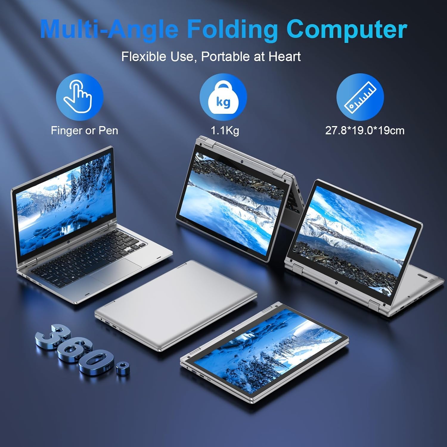 PINSTONE Computer portatile da 128 GB SSD 11.6" N4020 - PC portatile touch pieghevole a 360°, 1366 x 768 IPS, 2.4G+5G WiFi/Mini HDMI / USB3.0 / Laptop Extension SD Tastiera a membrana, argento