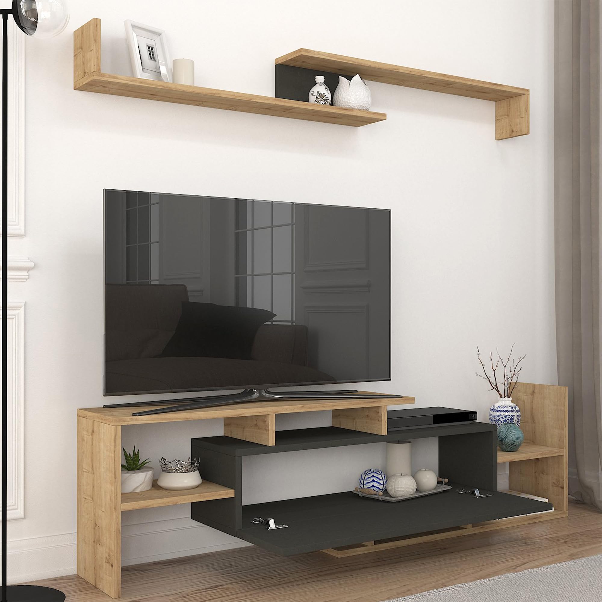 [en.casa] Juego de Muebles de Salón Liksefte Mesa para Televisor con Múltiples Compartimentos Estantes y 1 Puerta Mueble TV con Estantería de Pared Aglomerado 154x28x42cm - Efecto Roble Zafiro/Negro