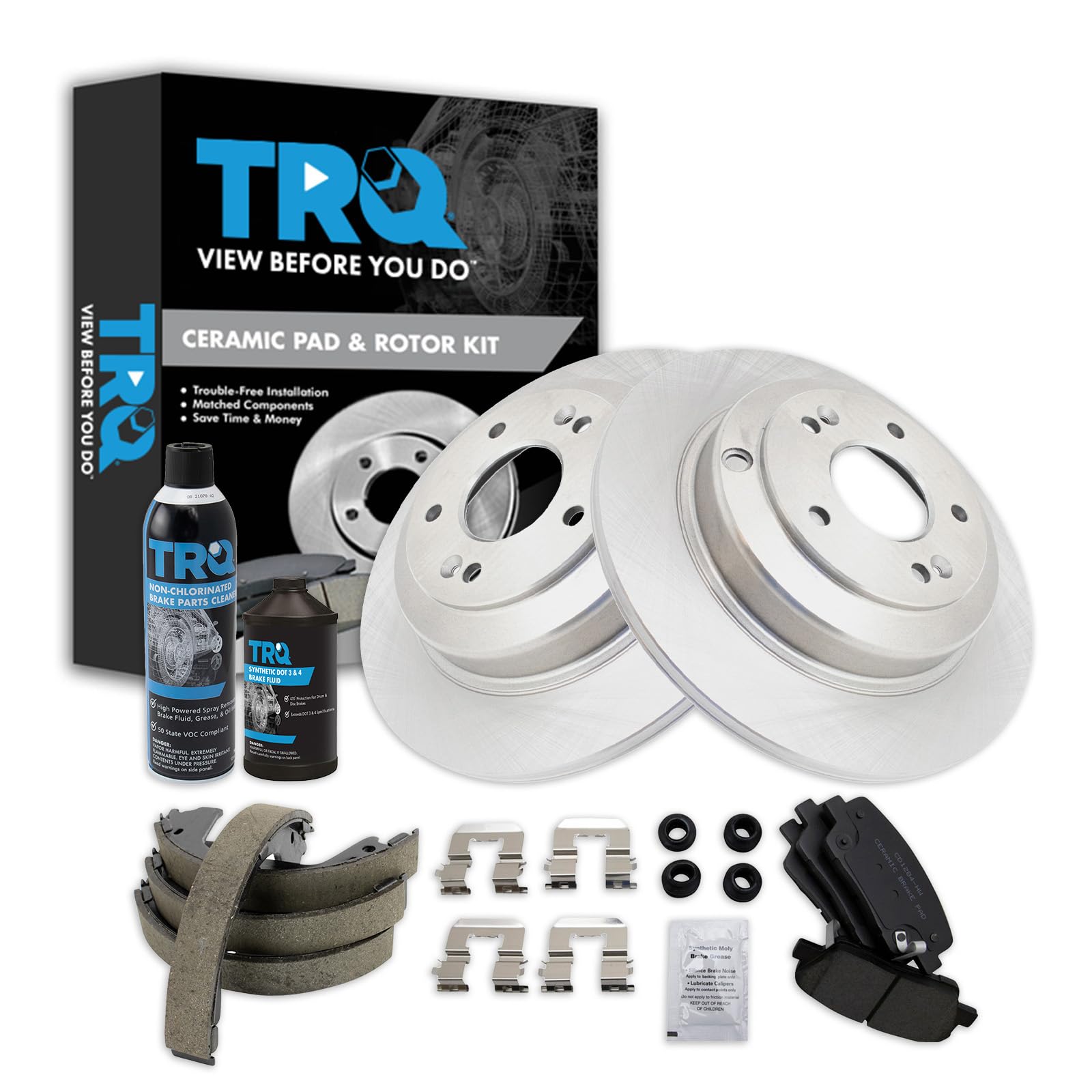 TRQ Rear Brake Pad &amp; Rotor Kit, with Chemical Kit Parking Brake Shoe Set Ceramic Compatible with 2010-2014 Hyundai Genesis Coupe