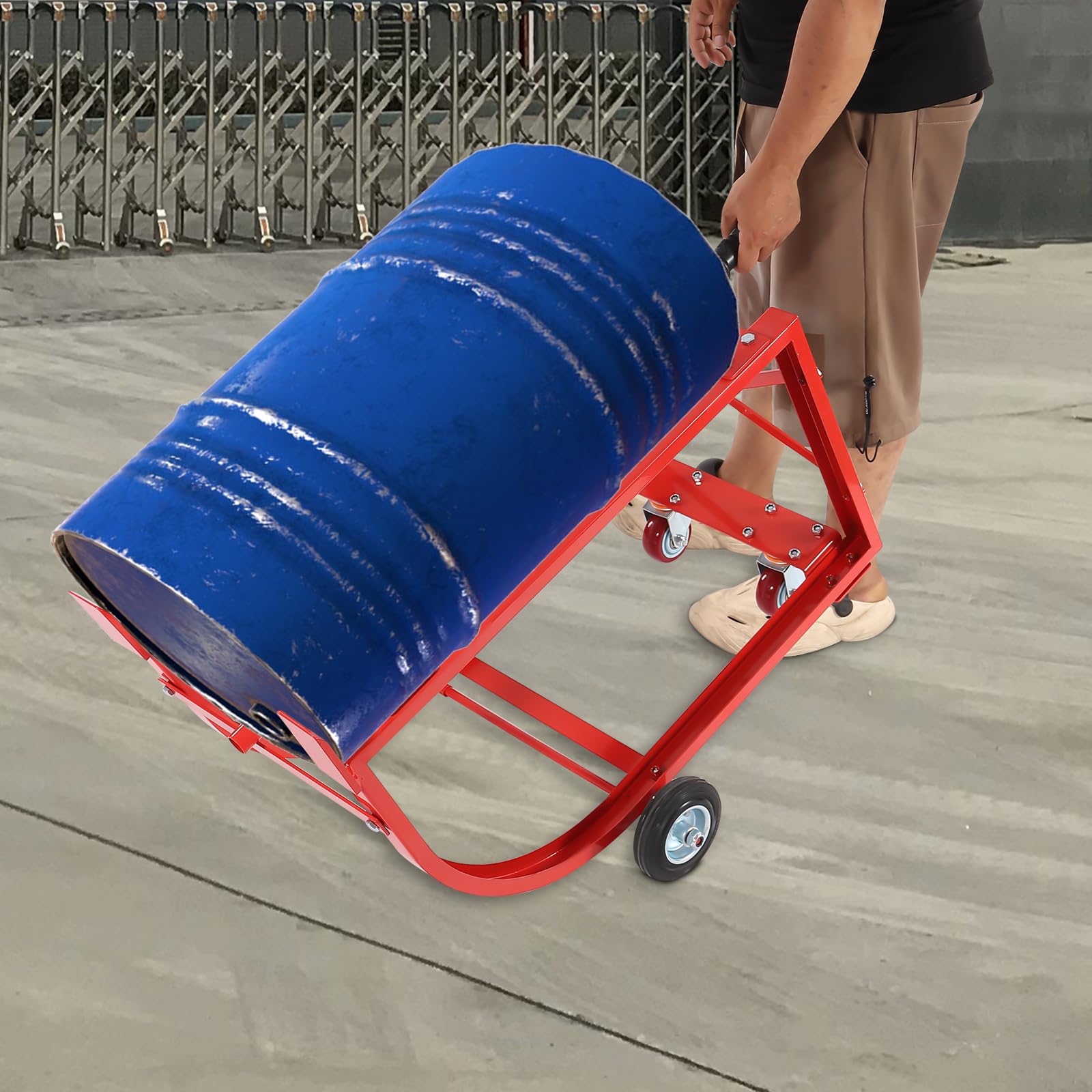 Culla mobile d'acciaio del supporto del tamburo dell'olio della culla di movimentazione del tamburo da 55 galloni, carrello a mano industriale rosso per i barili di petrolio, capacità 600 libbre