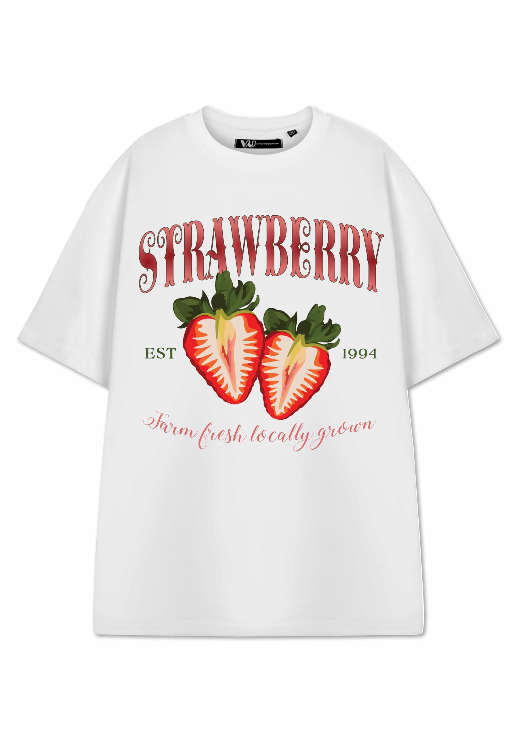 Show Me The Merch Women's Strawberry White Short-Sleeved T-Shirt | Graphic Tee With Design | Trendy Fruit Print Top | Summer Fashion Apparel For