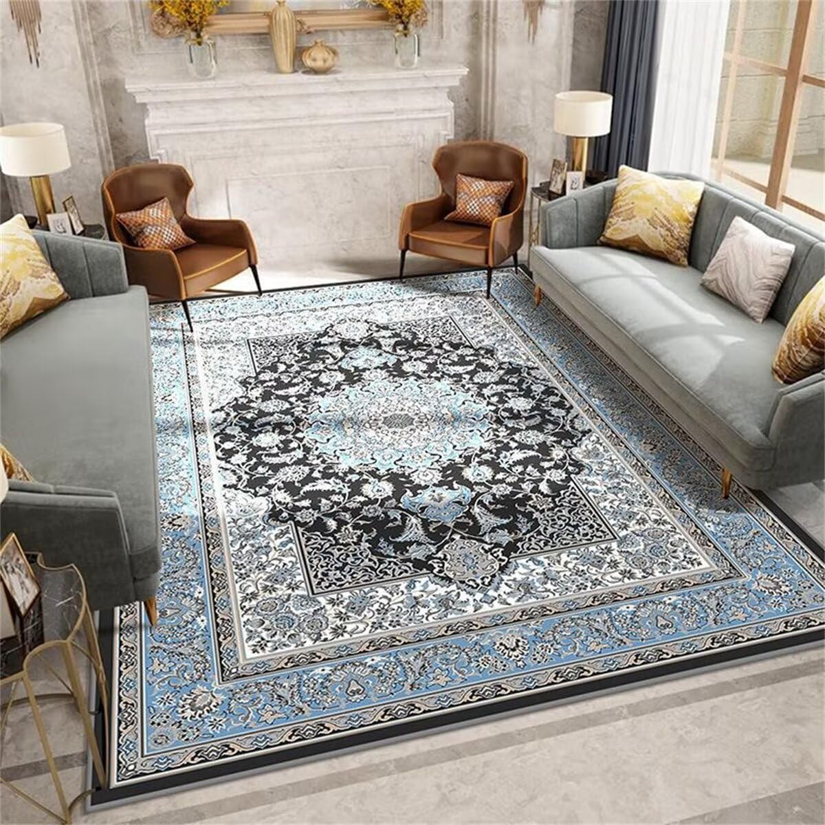 Tapis d'extérieur art déco floral bleu gris 100x200cm sur mesure