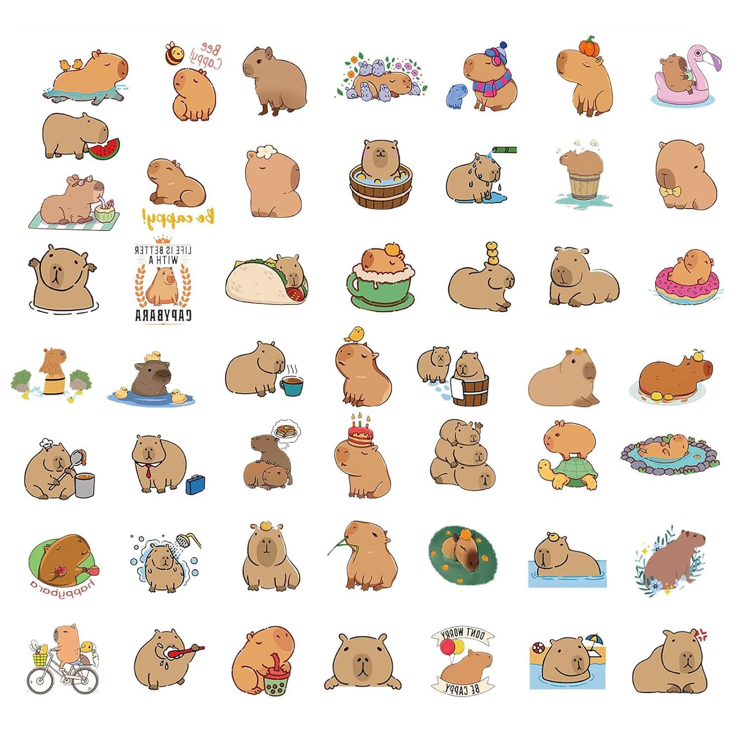 Hopzab 50pcs Cute Capybara Stickers Pack – Waterproof Cartoon Animal Polyvinyl Chloride for Laptop, Water Bottle, Skateboard, Suitcase, Diary & More