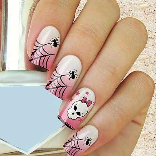 Miniatura 8 de Uñas postizas a presión de Halloween, cuadradas medianas, uñas postizas de RIICFDD mate nude con bonitos ojos, arañas y telarañas, diseño de