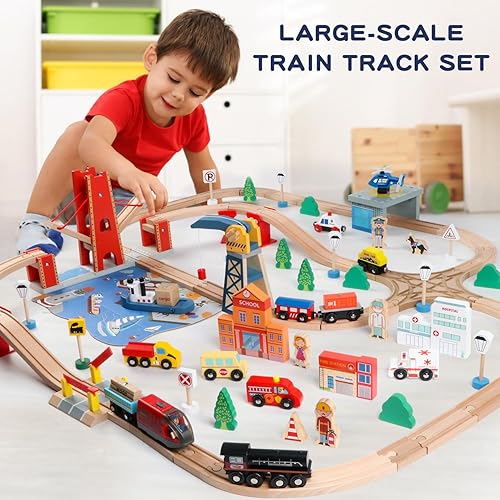 Miniatura 9 de Qilay Juego de tren de madera de 121 piezas con bolsa de almacenamiento, juego de pista de tren de madera Busy Port City para niños a partir de 3