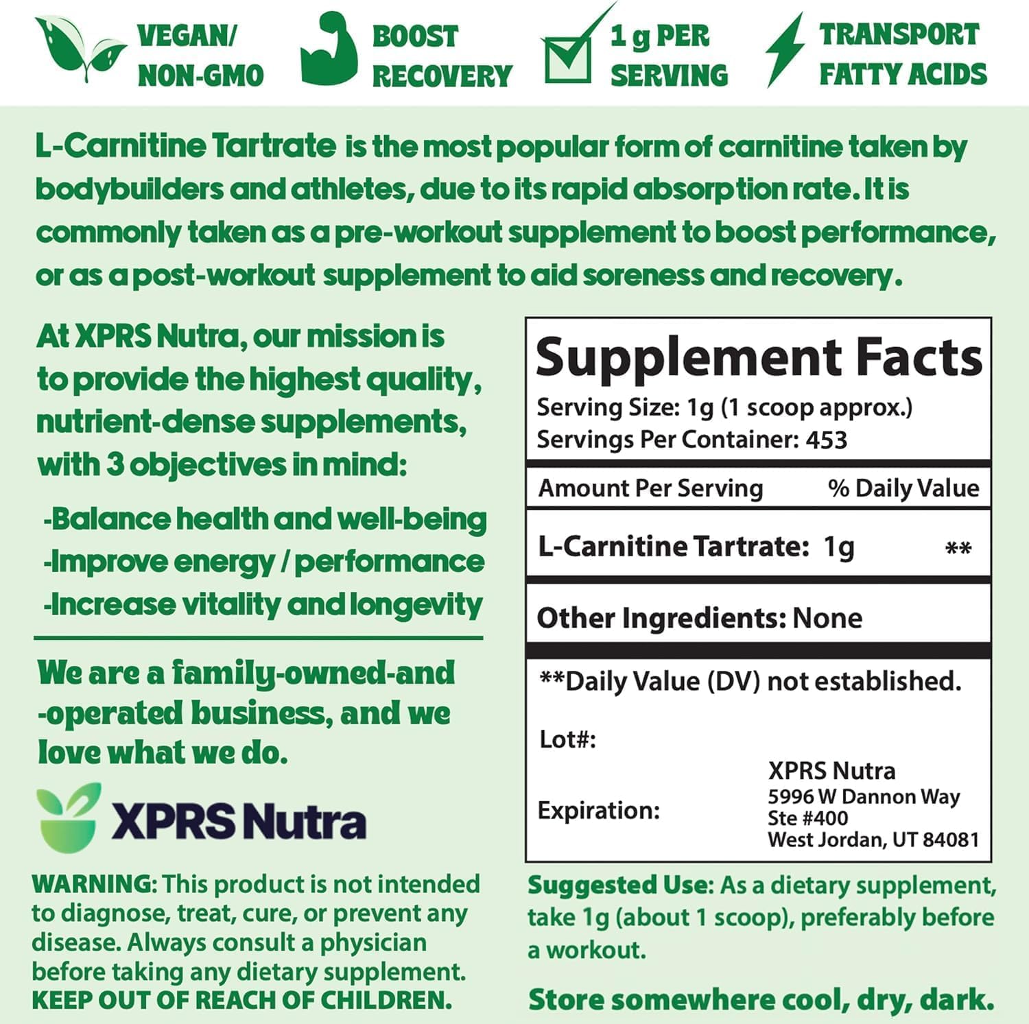 XPRS Nutra L Carnitine L Tartrate Powder - Premium Pure L Carnitine Tartrate - L-Carnitine Powder - Vegan Friendly Bulk L Carnitine - Amino Acid Supplement (16 Ounce) — Amazon image 7