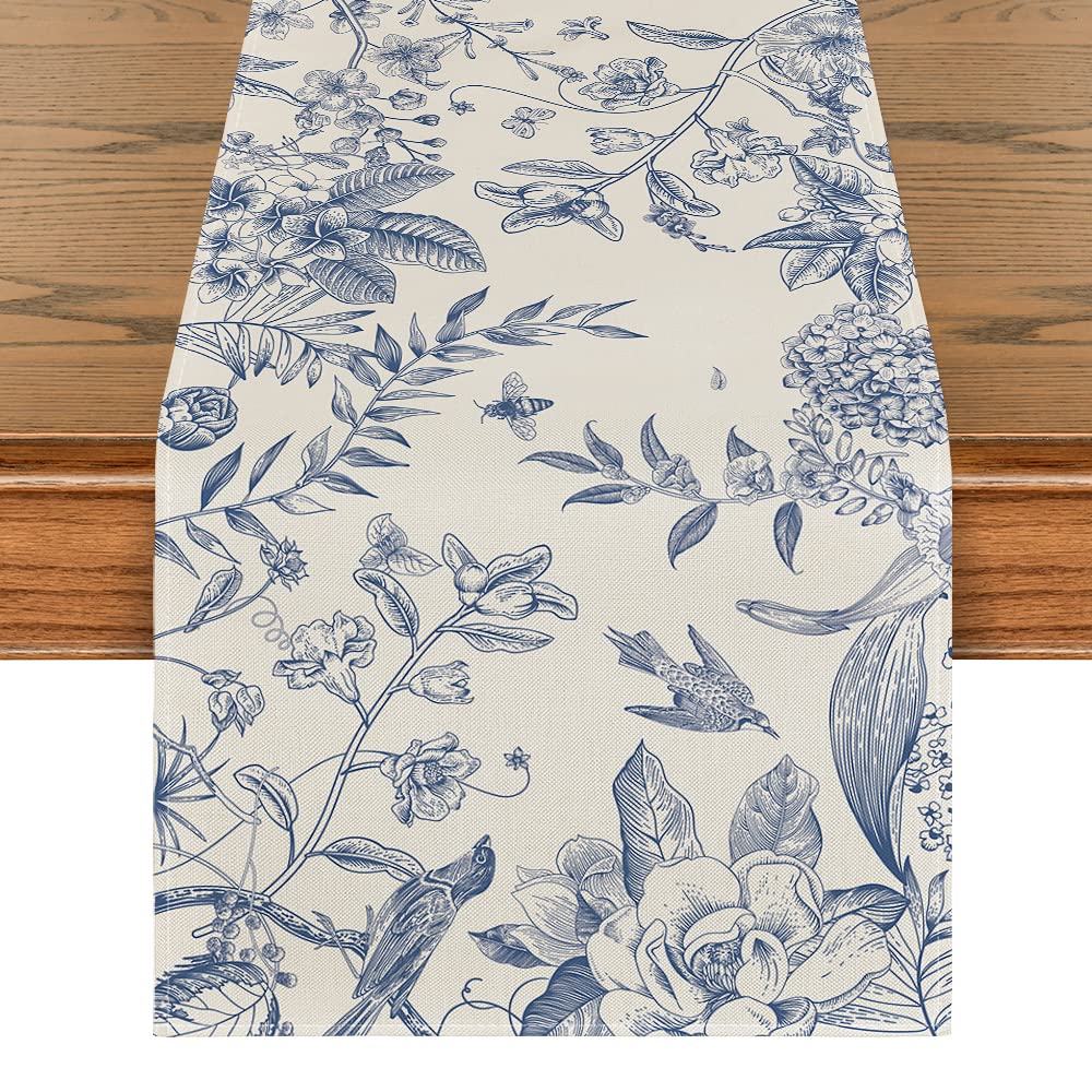 Artoid Mode Monochrome Sketch Birds Flowers Spring Table Runner, Seasonal Summer Kitchen Dining Table Decoration for Home Party Decor 40x140 cm