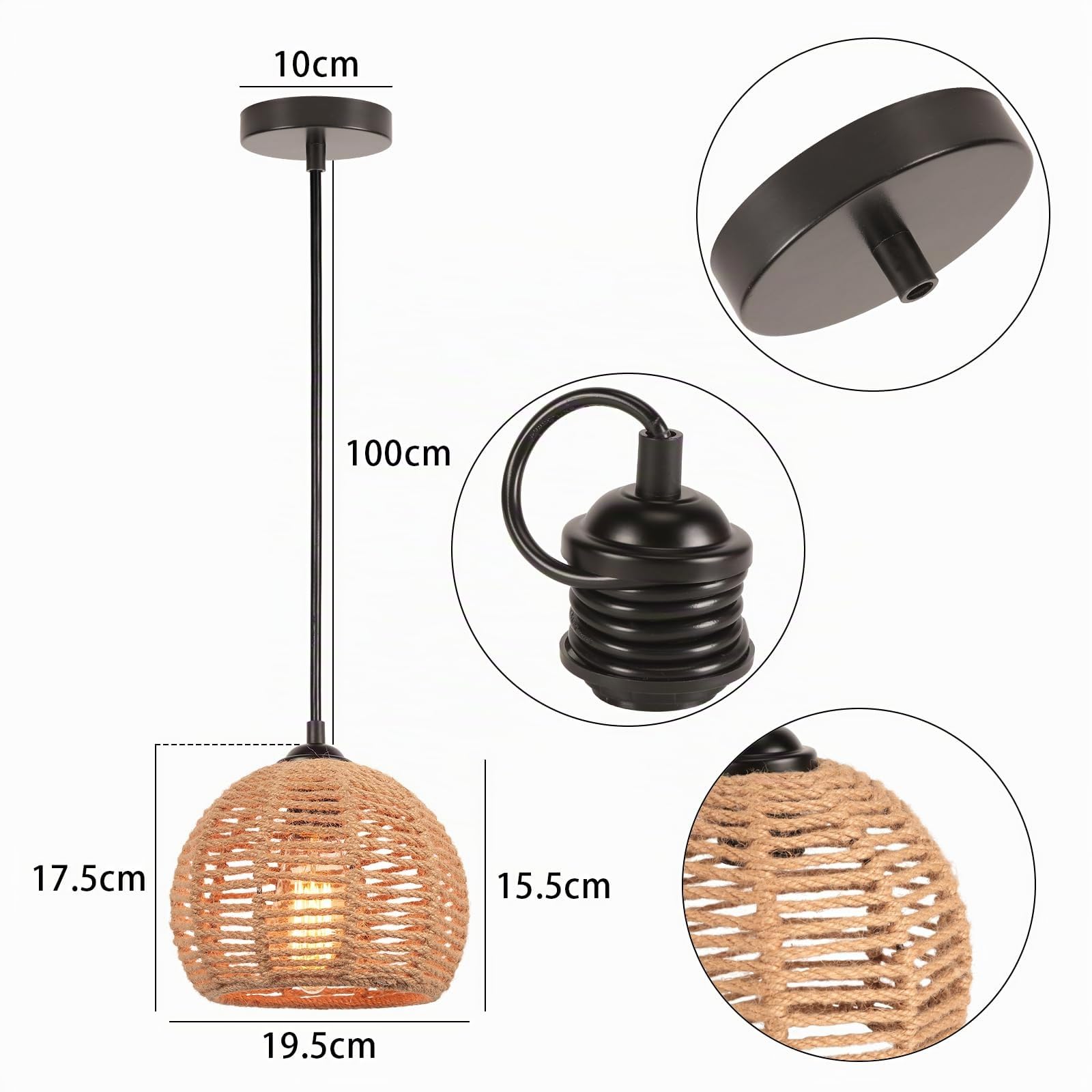 2 Piezas Lámpara Colgante Vintage Ratán E27 Retro Lámpara de Suspensión Ratán Araña Ø20cm Jaula de Metal y Cuerda de Cáñamo Lámpara de Techo para Salón Dormitorio Cocina