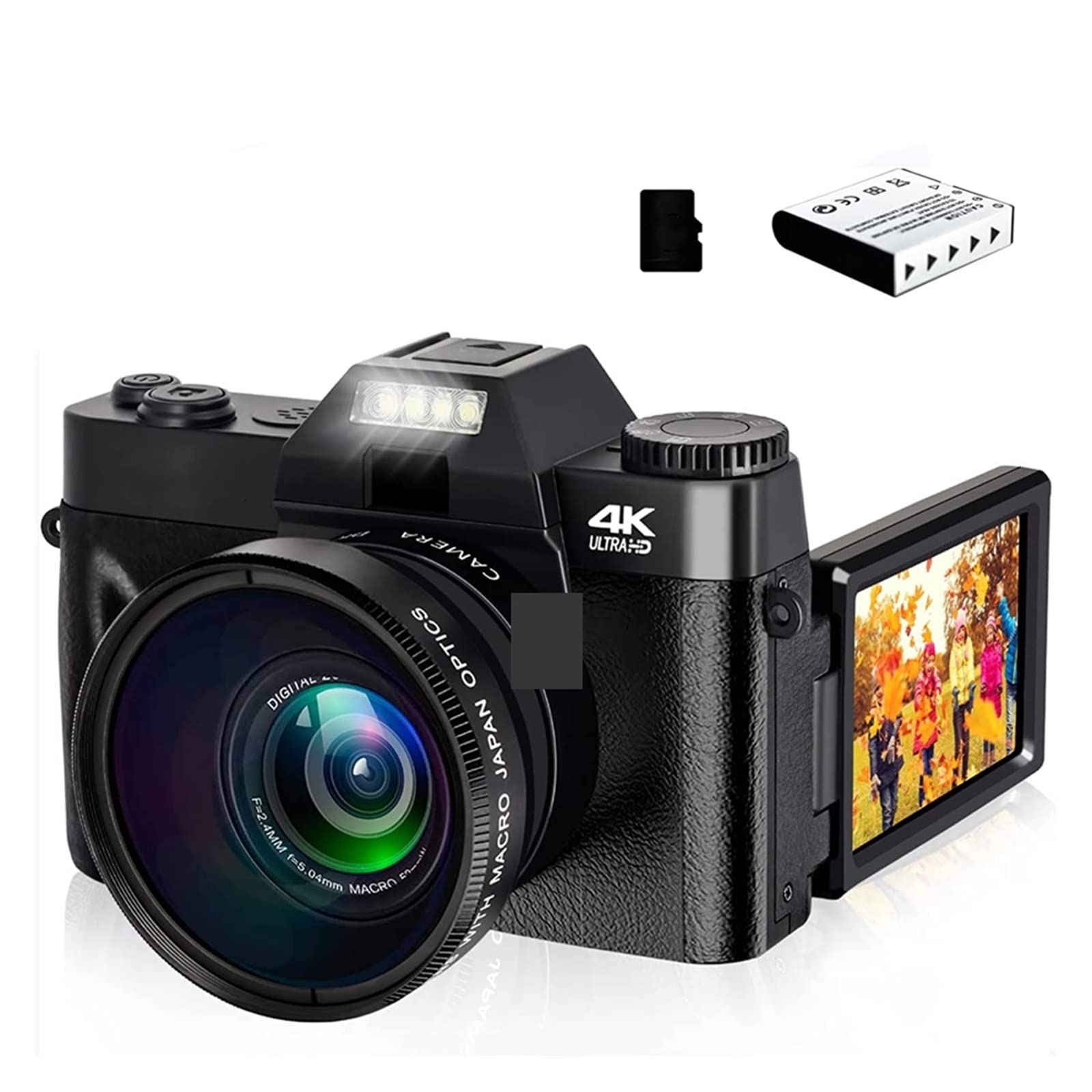 CVFRDD Wide Angle Digital Camera 4K Vlog Camcorder For Webcam Macro Lens 16X Zoom 48MP Selfie Recorder Flip Screen(Standard,With Lens)