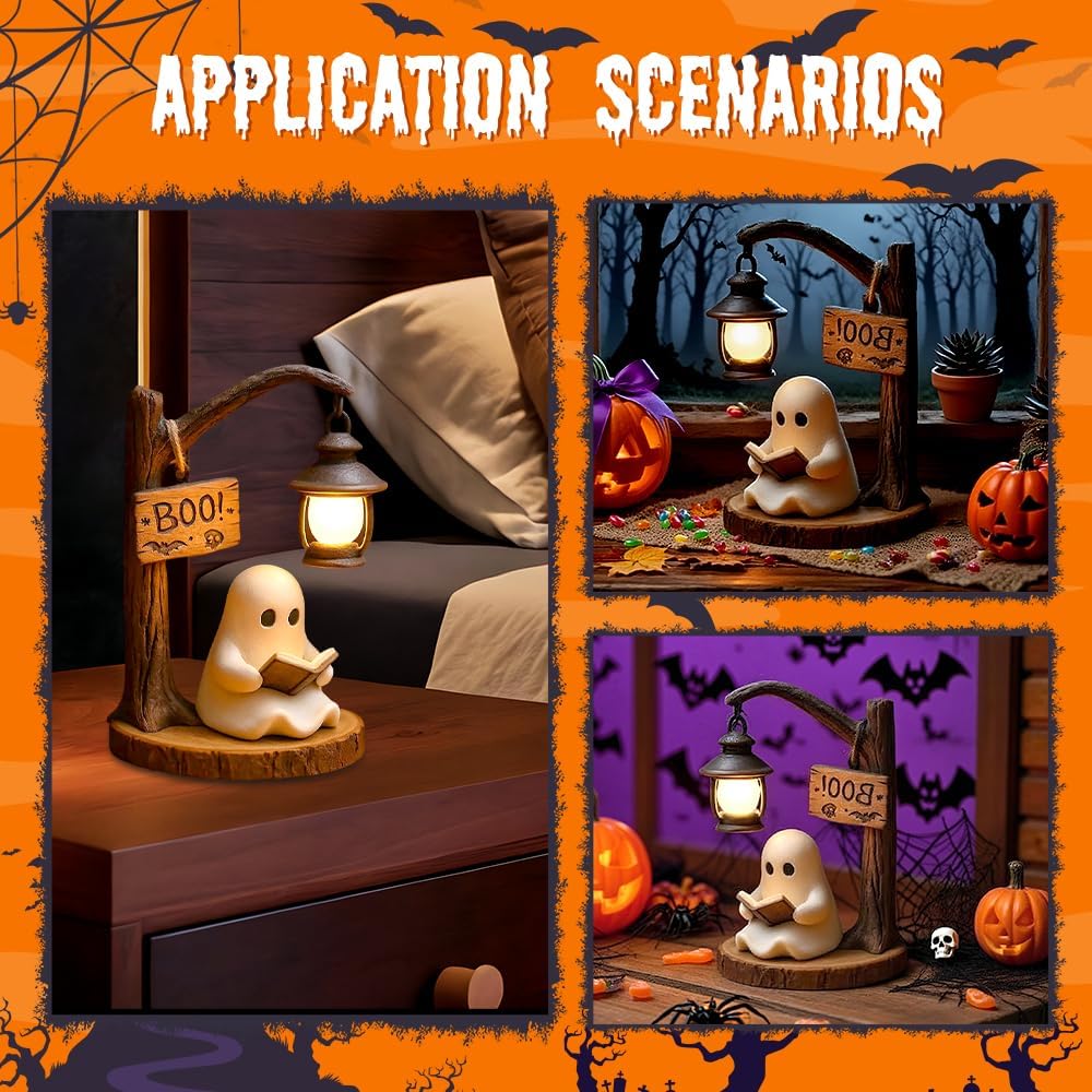 Cute Ghost Reading Lantern - Boo, 2025 New 3D Resin Halloween Ghost Night Light, Ghosts Warm Light Indoor Reading Lamp Glowing Halloween Ghosts Decorations for Bedroom (7.9in, 1pcs)