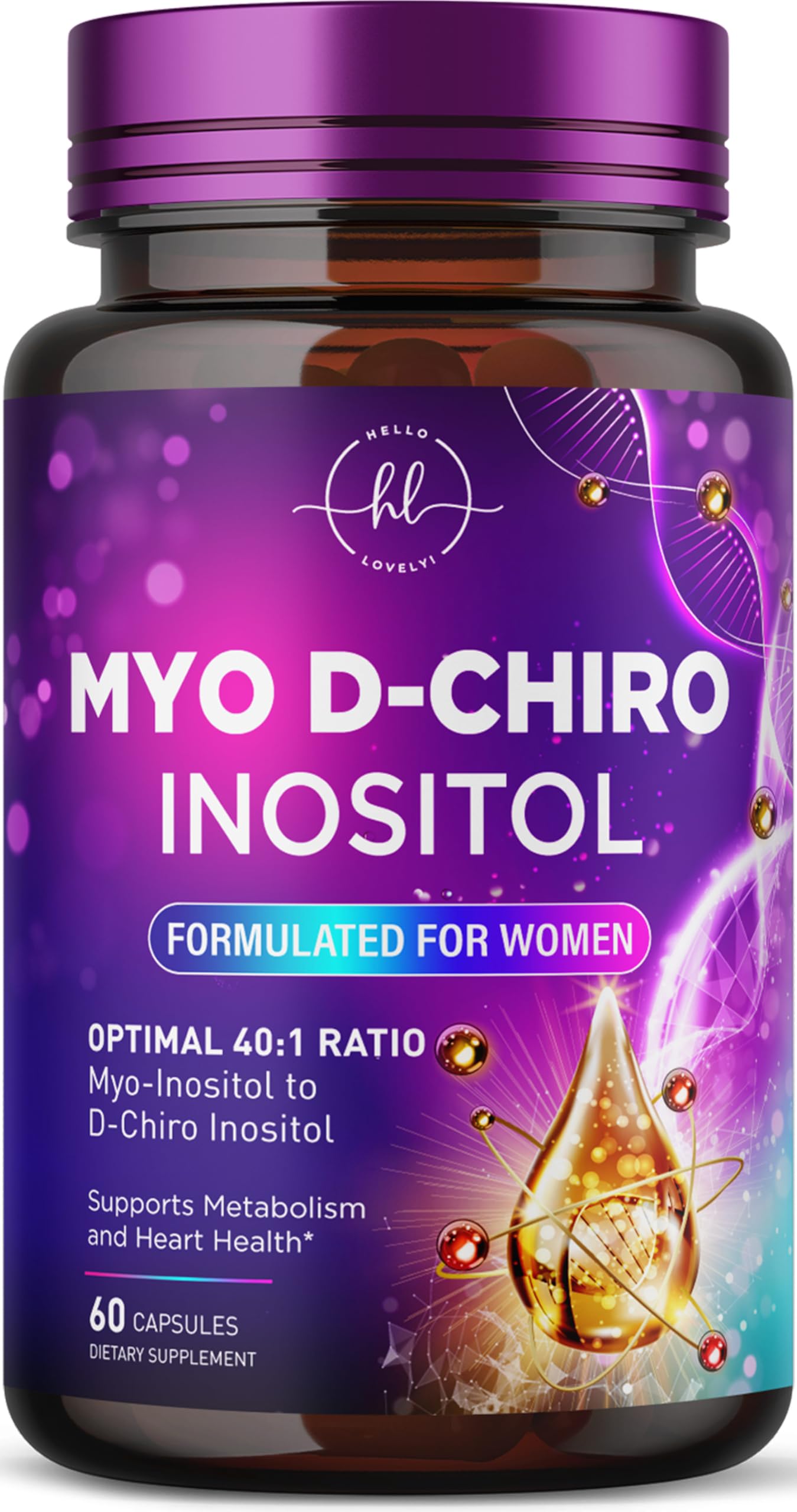 Myo-Inositol & D-Chiro Inositol Supplement 2000mg - Myoinositol with Ideal 40:1 Ratio - Fertility Supplements for Women for Ovarian Health & Hormone Balance Support, Bottled in the USA - 60 Capsules 60 Count (Pack of 1)