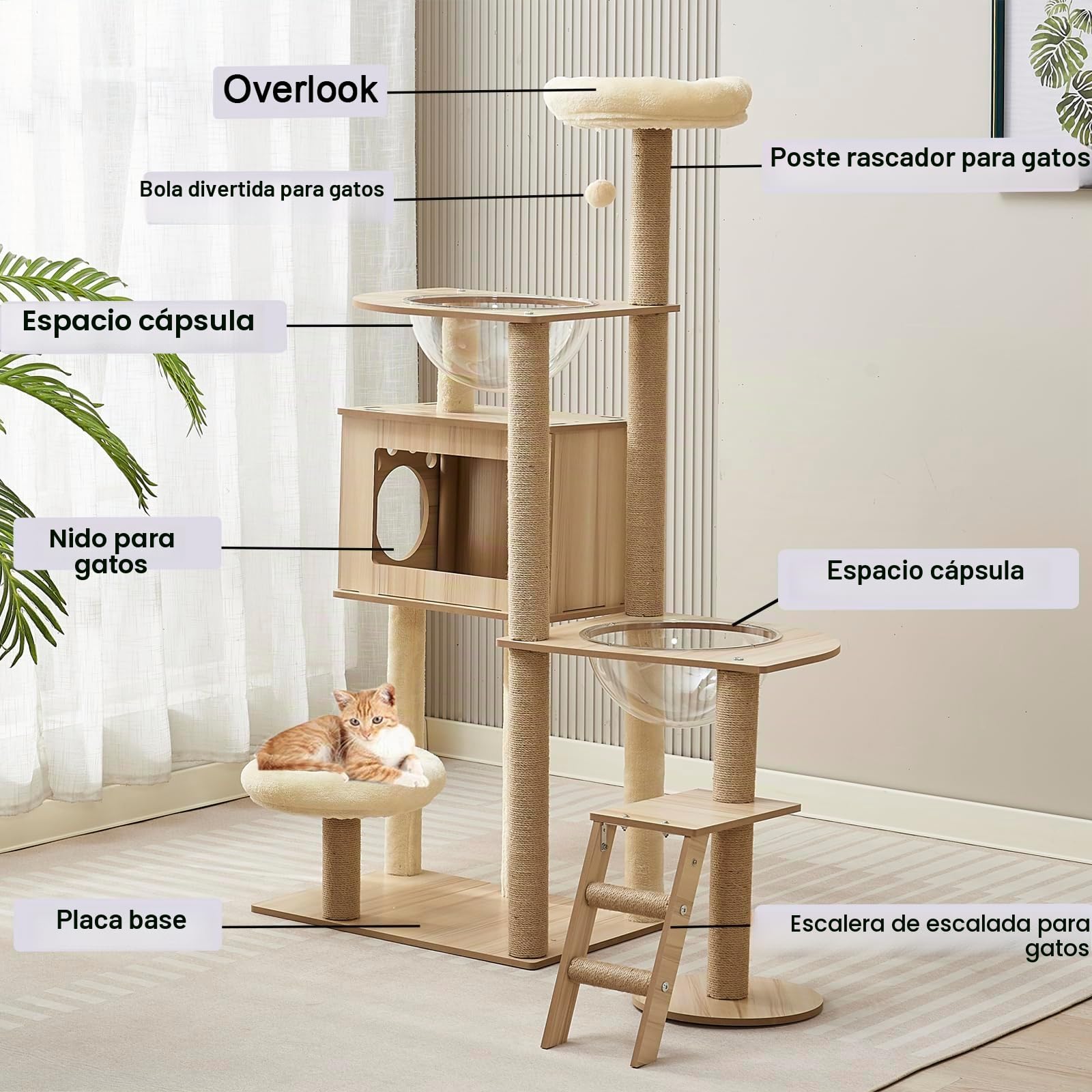 Rascador de Madera de 135 cm, Grande, Estable, Moderno, con condominio, Escalera, Cuenco, árbol rascador Grande