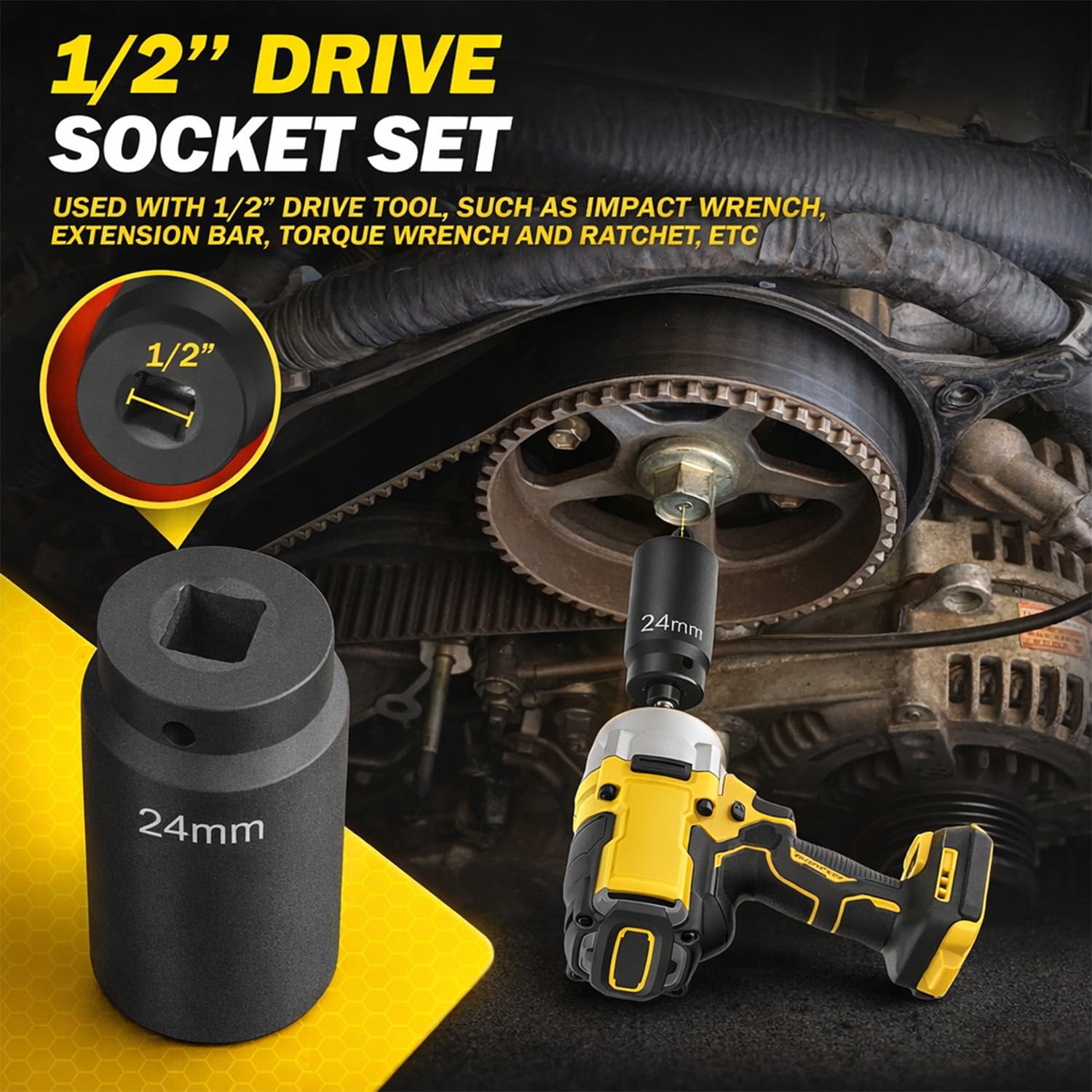 Set di 6 chiavi a bussola per manovella da 1/2", 17 mm, 19 mm, 21 mm, 22 mm, 24 mm, 27 mm, set di bussole per bilanciamento armonico, set di bussole metriche profonde da 1/2", 3 volte la potenza del