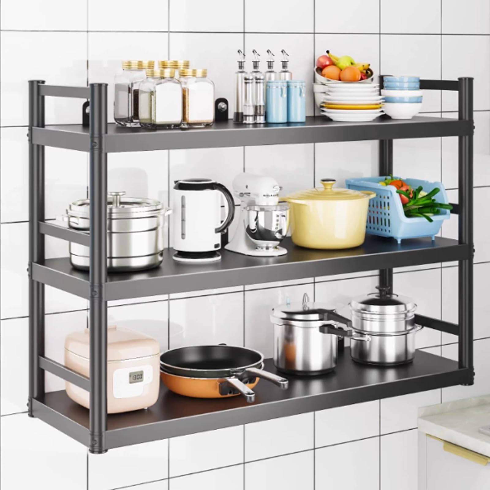 Wandmontiertes Küchenregal Aus Kohlenstoffstahl Mit Geländern 2/3 Ebenen Mehrzweckschrank Für Restaurants Hotels Badezimmer Labor Schwebender Aufbewahrungsschrank(90x30x90cm)