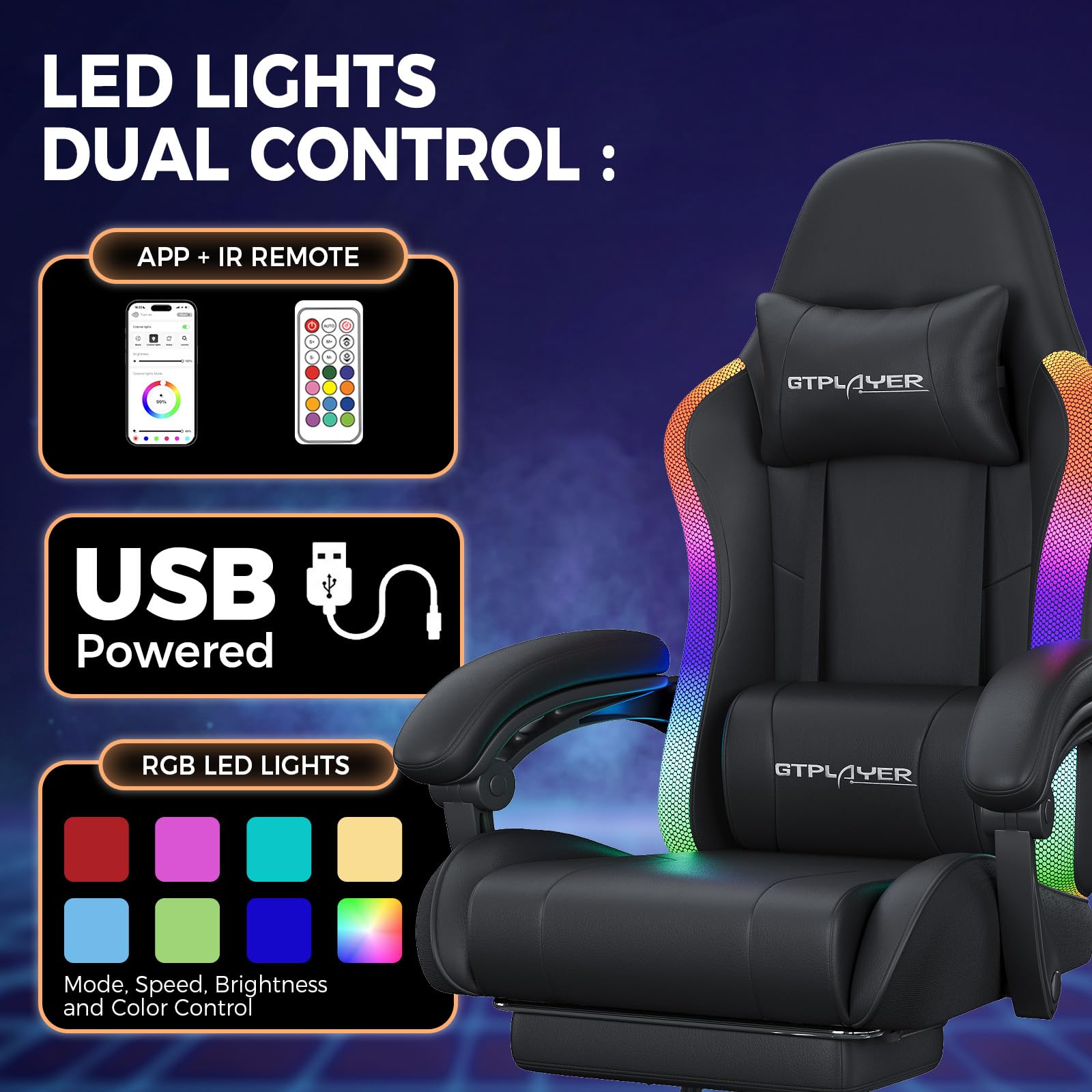 GTPLAYER Silla de gaming, silla de oficina, silla de gaming con barra de luz LED y función de masaje, silla gamer, respaldo con bolsa de almacenamiento, silla ergonómica de PC con mando a distancia