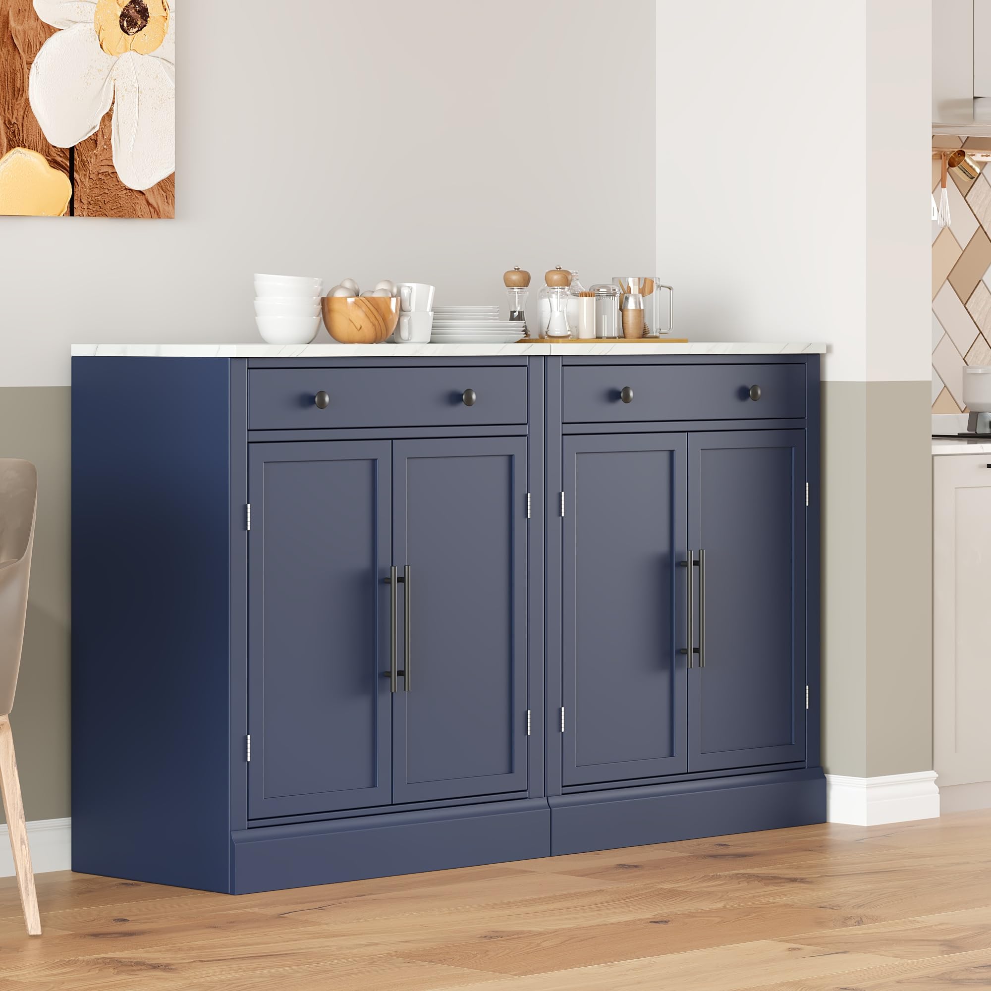 Modern Kitchen Pantry Storage Cabinet, Buffet Food Storage, Buffet Cabinet with 2 Adjustable Shelves and 2 Door Shelves, Set of 2