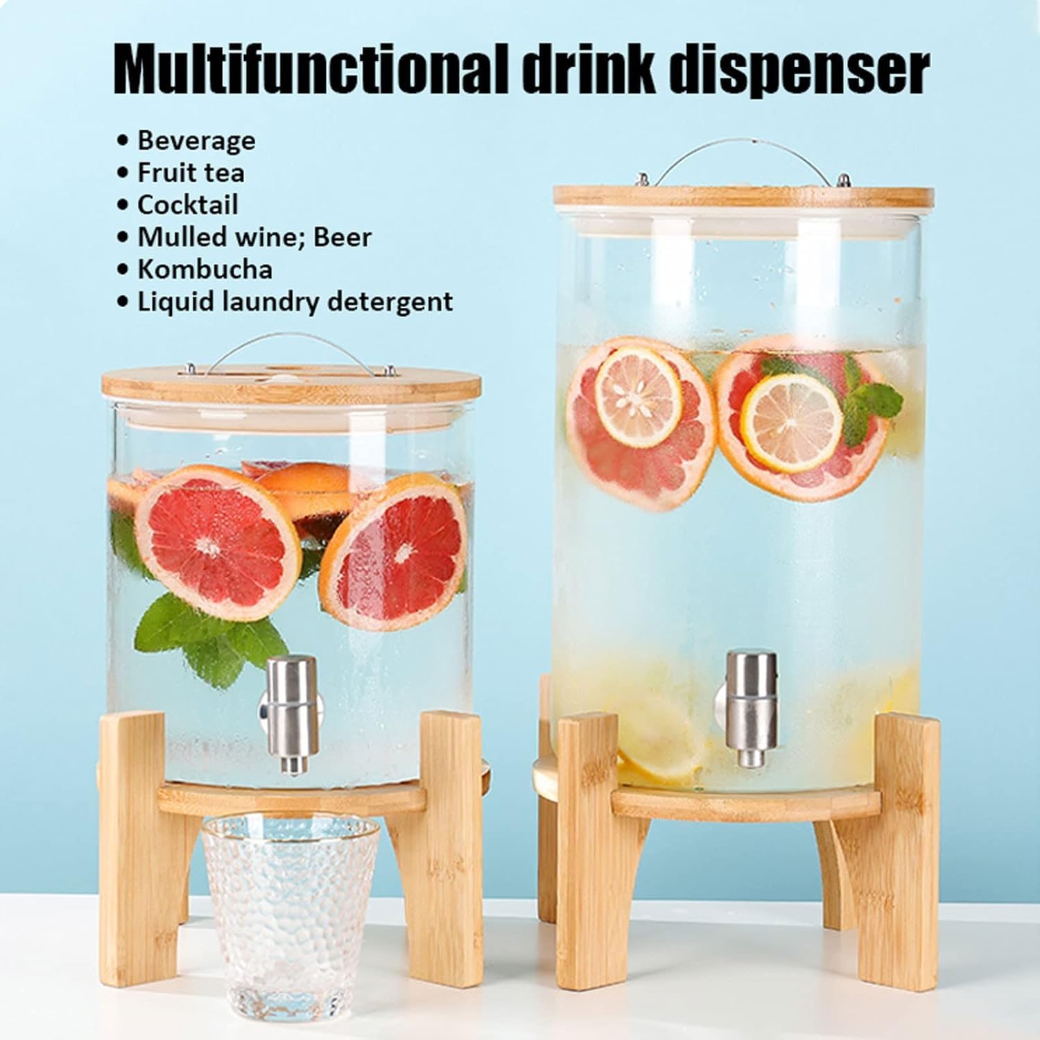 Dispensador de bebidas de vidrio con grifo y soporte de madera, dispensador de bebidas de jugo de 10 L para fiestas y eventos