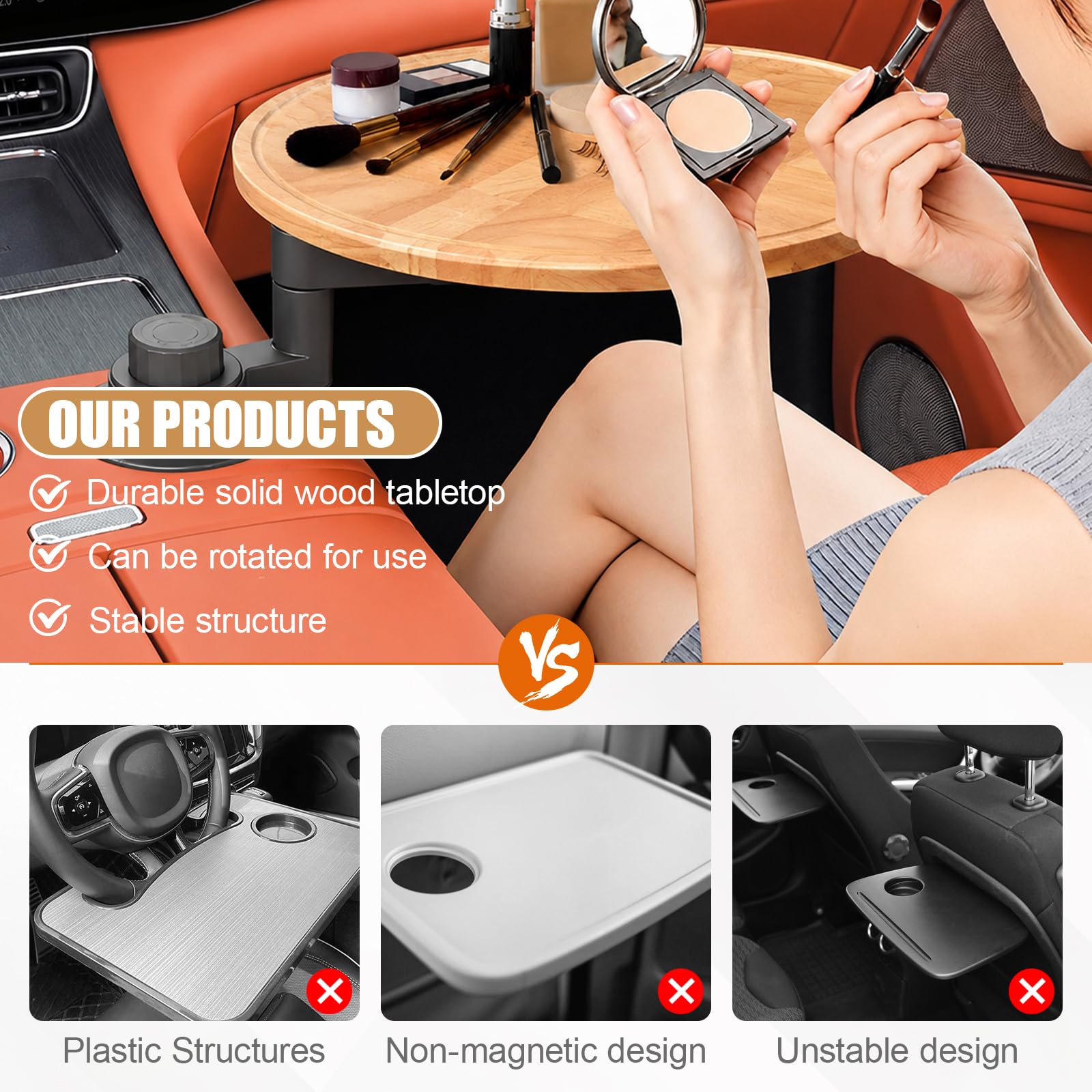 Autotisch aus Massivholz, 360° drehbar, passend für Getränkehalter (6,5–9 cm), 33×28 cm oder Ø33 cm, 1,3 cm dick, mit erhöhtem Rand, für Essen, Arbeit & Make-up im Auto (Ø33 cm)