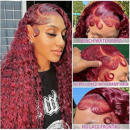 Miniatura 4 de Larhali 99J - Pelucas de cabello humano con encaje frontal HD de 180 % de densidad, color burdeos de 13 x 6 pulgadas, pelucas de cabello humano