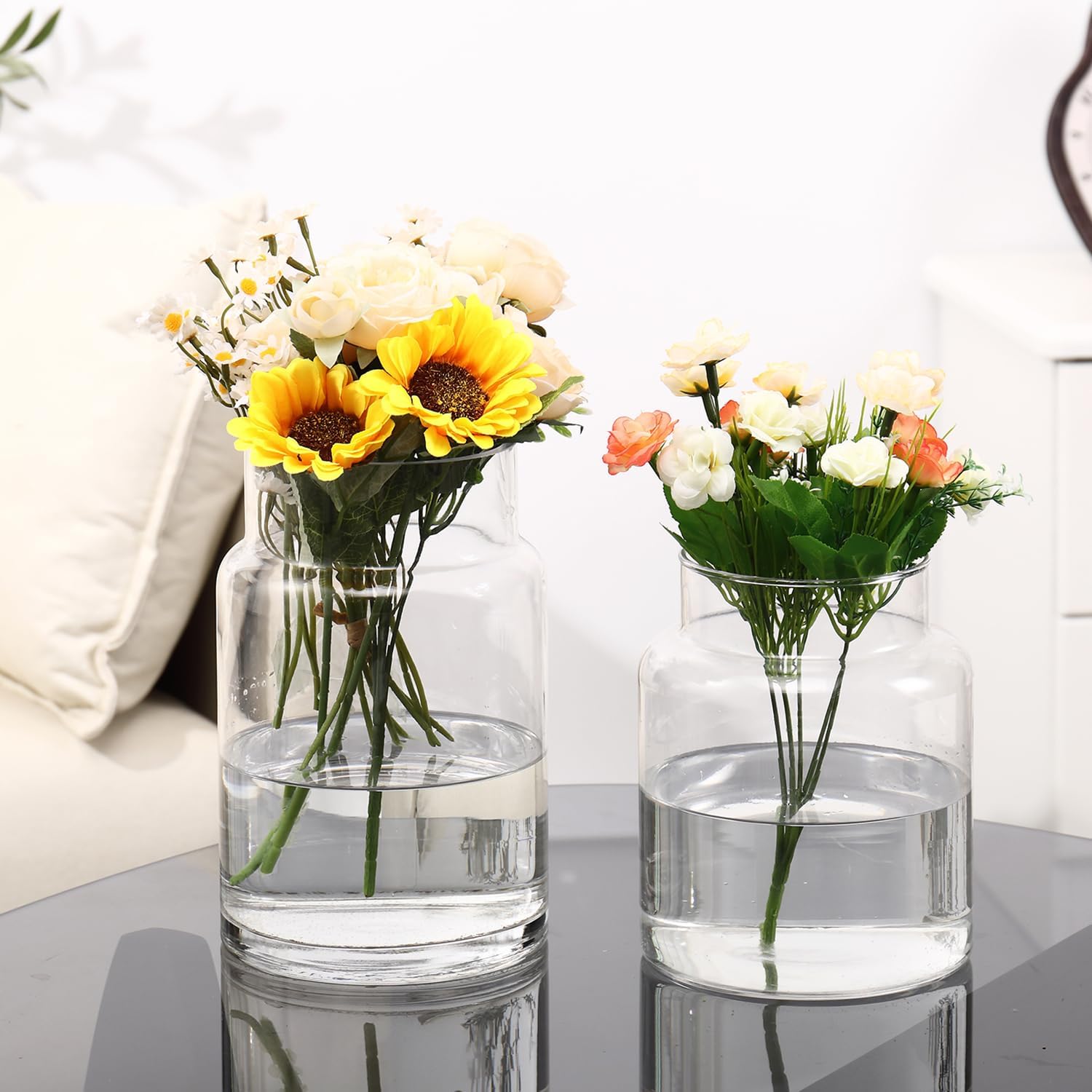 Large Glass Vase, Clear Glass Vase Set of 2, Large Flower Vases for Bouquet, Tall Wide Mouth Vases for Flowers, Home, Wedding, Living Room, Office Decor, 7"+9"