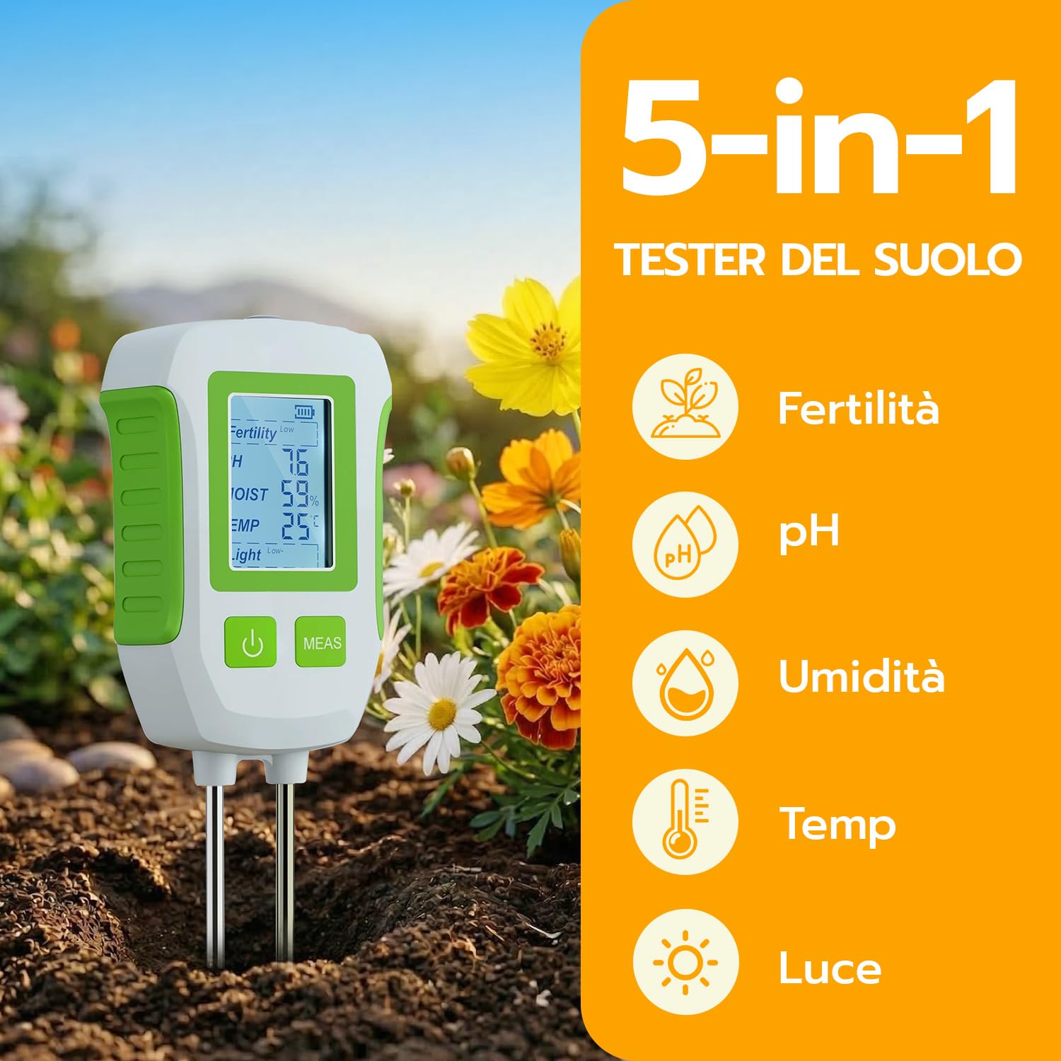 Misuratore di umidità del Terreno 5 in 1 - Tester Digitale per PH, Fertilità, Temperatura e Luce - Display LCD Retroilluminato per Piante, Giardino e Fattoria