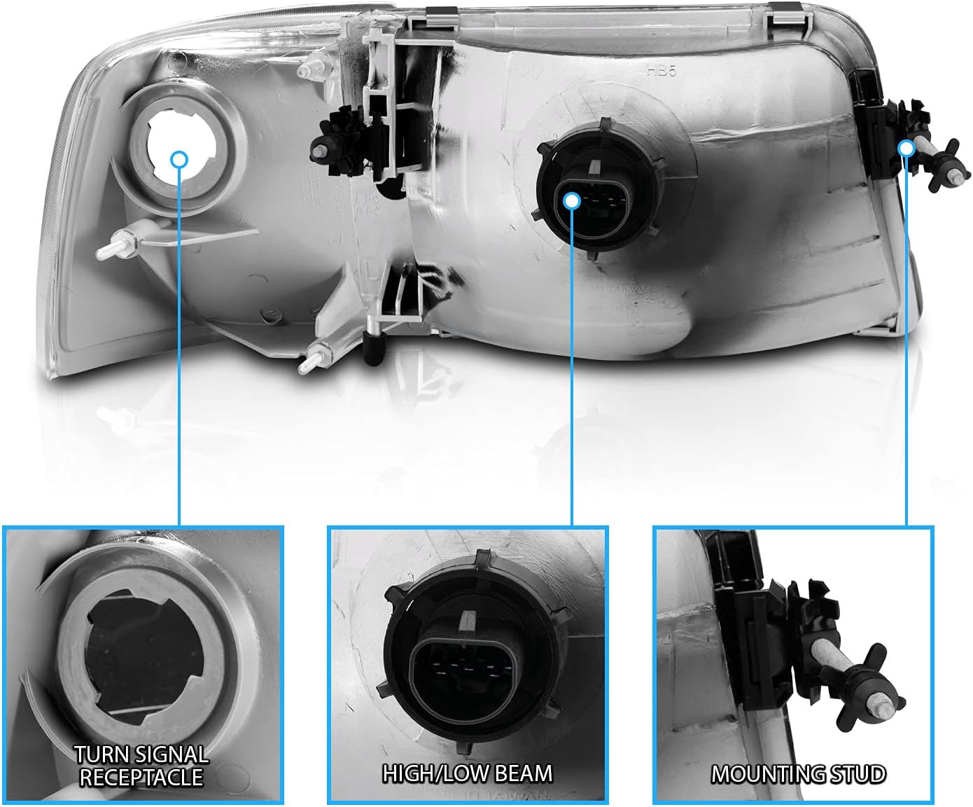 AmeriLite Replacement Halogen Headlights And Corner Set For 93-97 Ford Ranger Pickup Truck - Passenger and Driver Side, Vehicle Light Assembly