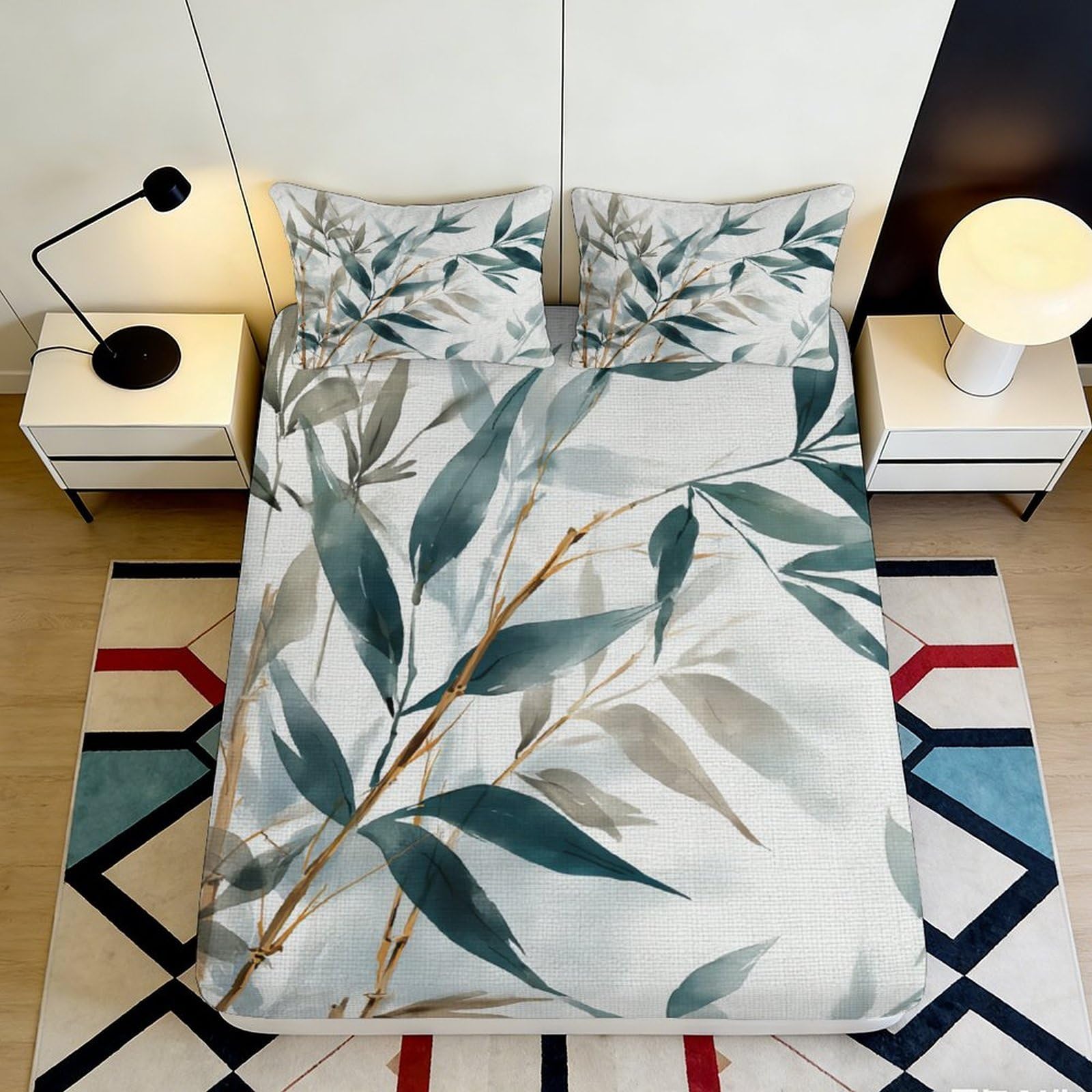 3D Printed Bamboo Leaf Fitted Sheet Microfiber Soft Breathable Green Plant Mattress Cover for Bedroom Guest Room Decor 90x200x25cm