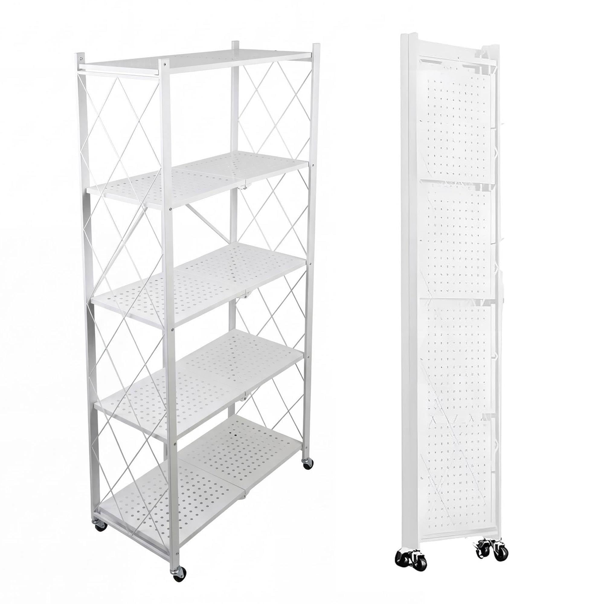 Well Home Estantería de Almacenamiento Plegable de 5 Estantes con Ruedas, SIN Montaje -71x34x160 cm Color Blanco