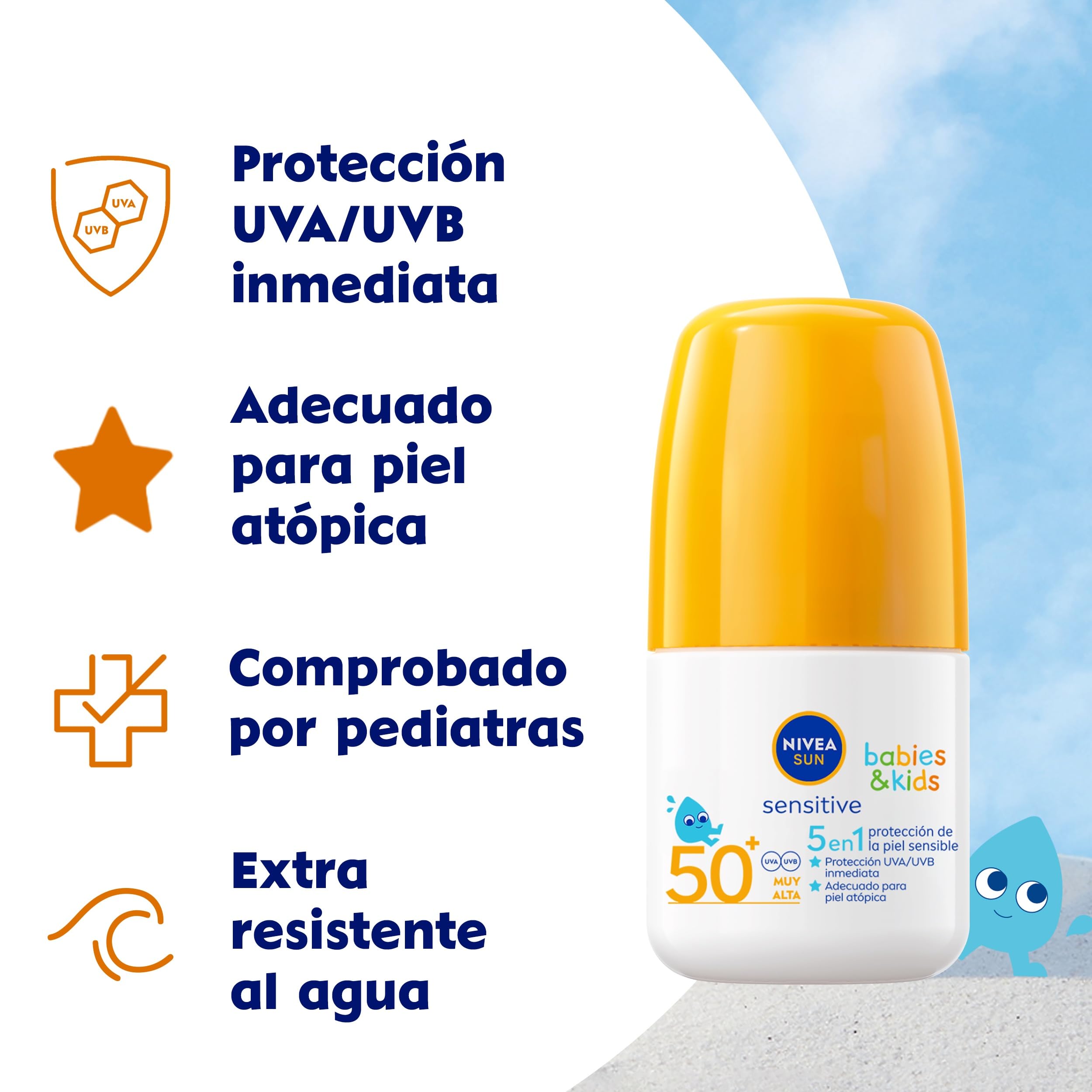 NIVEA SUN Babies & Kids Sensitive Roll-on FP 50+ (1 x 50 ml), crema solar para niños extra resistente al agua, crema solar para bebés y niños, protector solar roll-on para piel sensible — view 2