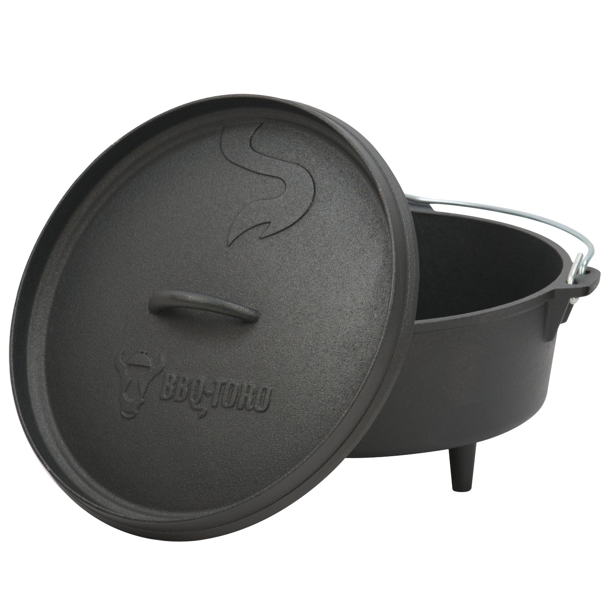 BBQ-Toro Kit de 6 Dutch Oven en Fonte Préassaisonnée avec Caisse en Bois, Poêle, Grille et Trépied pour Camping