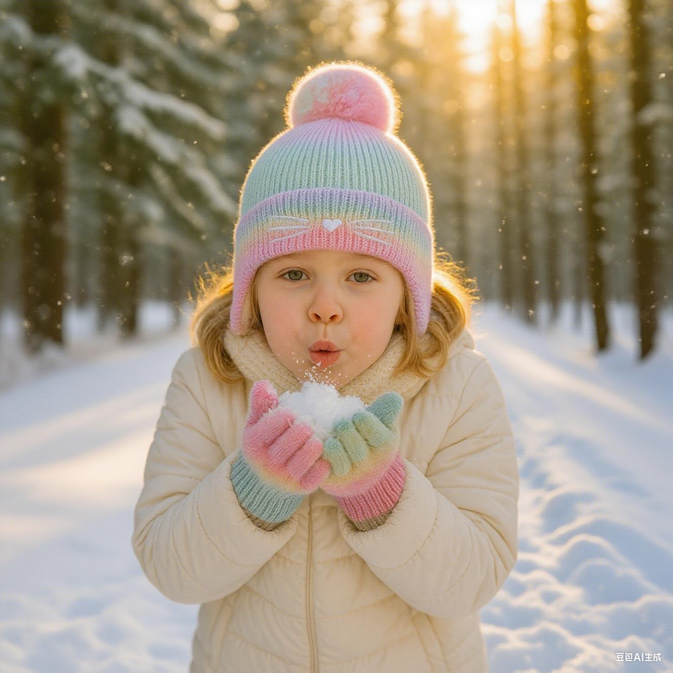 Girls Winter Hat and Gloves Set, Kids Cat Embroidered Knit Beanie with Earflaps Fleece Lined Pom Pom Ski Cap for 2-10Y - Image 2