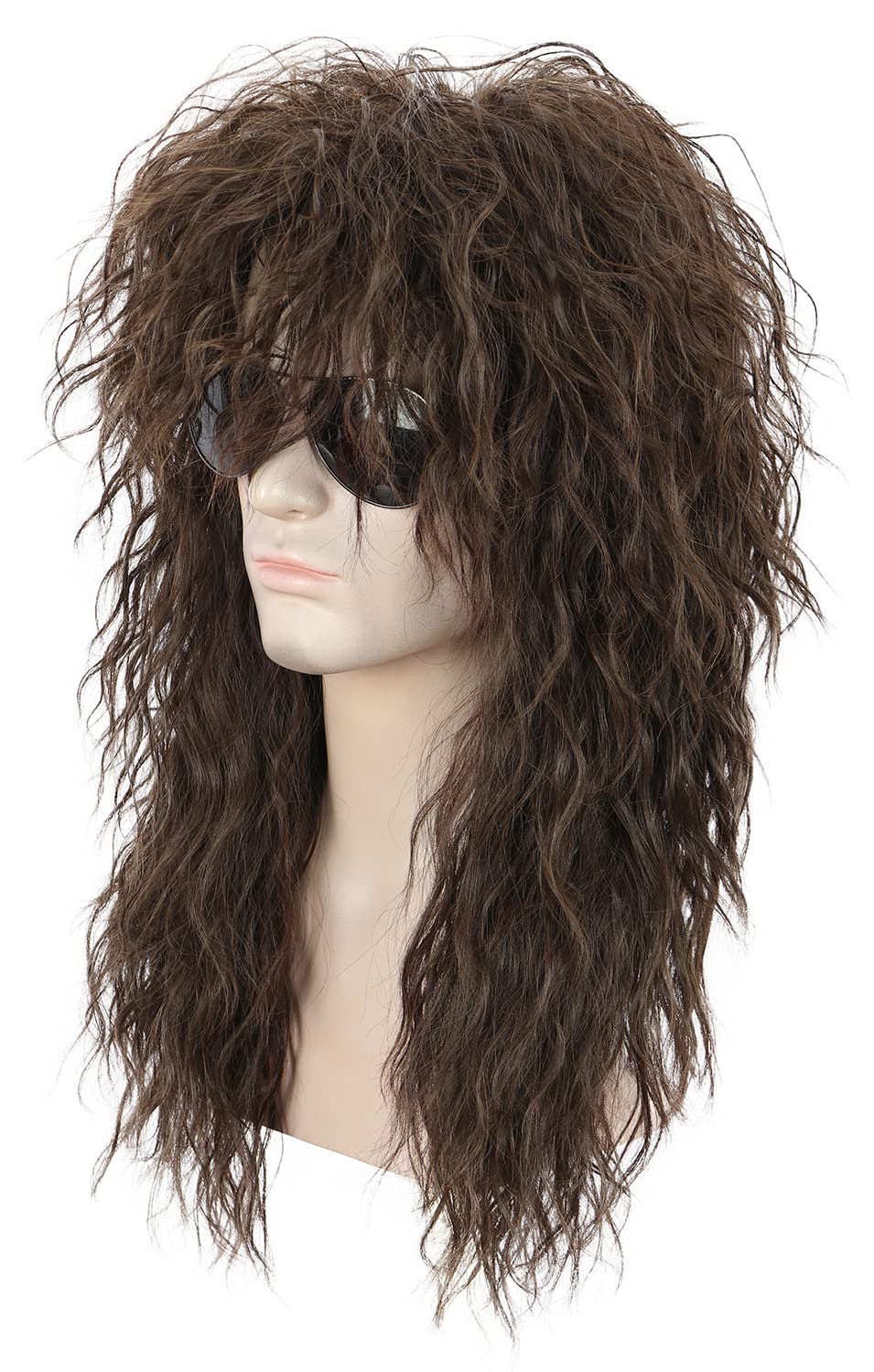 Karlery Perruque Mulet Longue Bouclée Marron pour Hommes Perruque de Rocker Punk des Années 70 et 80 pour Carnaval Halloween Cosplay Déguisement Party