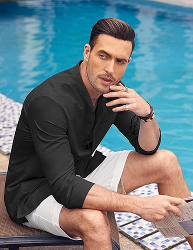 Vista 3 de COOFANDY Camisas de playa de manga larga para hombre, camisas de lino con botones y cuello mandarín, color negro, Negro