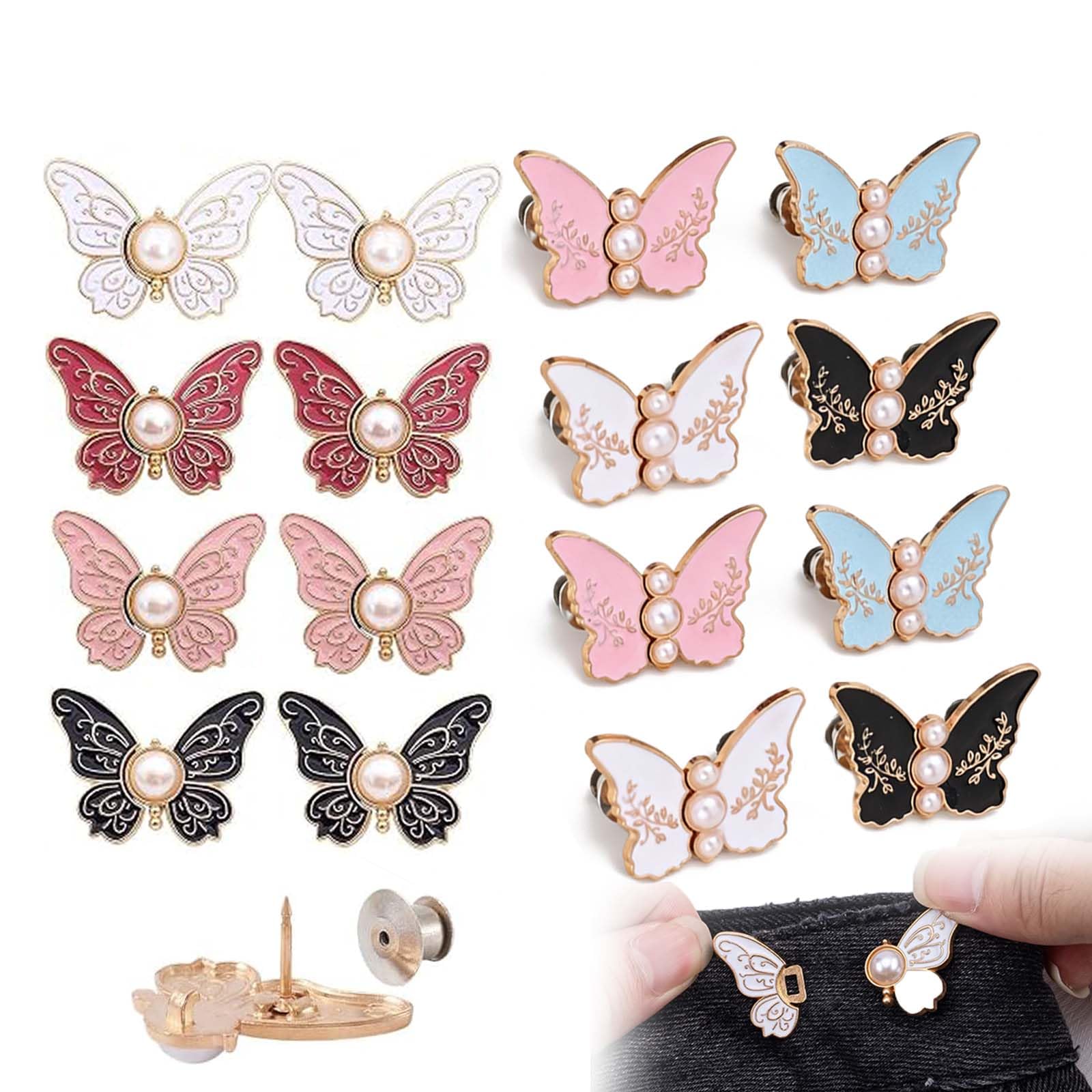 OADAA 16Pcs Butterfly Waist Buckle, Butterfly Pants Clips For Waist, Alloy Butterflys Adjustable Buckle Set, Detachable Button Pant Waists Tightener Clips For Dress Blouses Jackets Coats (Set B)