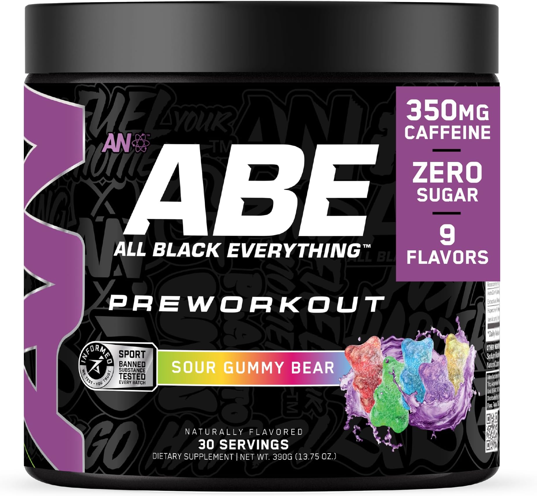 All Black Everything Pre-Workout Powder | Preworkout Energy Drink Mix | 350mg Caffeine | Beta Alanine & Citrulline | Energy Supplement for Men & Women | Sour Gummy Bear | 30 Servings