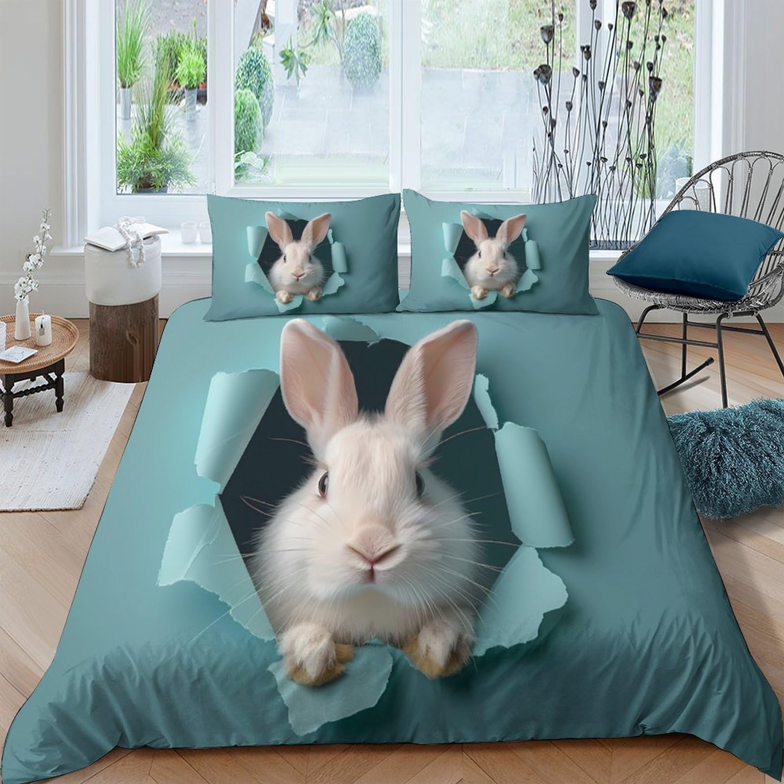 Ctjqhvkz Style-4 3D Printed Rabbit Hole Fitted Sheet Microfiber Soft Anti-Slip Bunny Portrait Mattress Cover Bedroom Decor Washable Single（135X200cm）