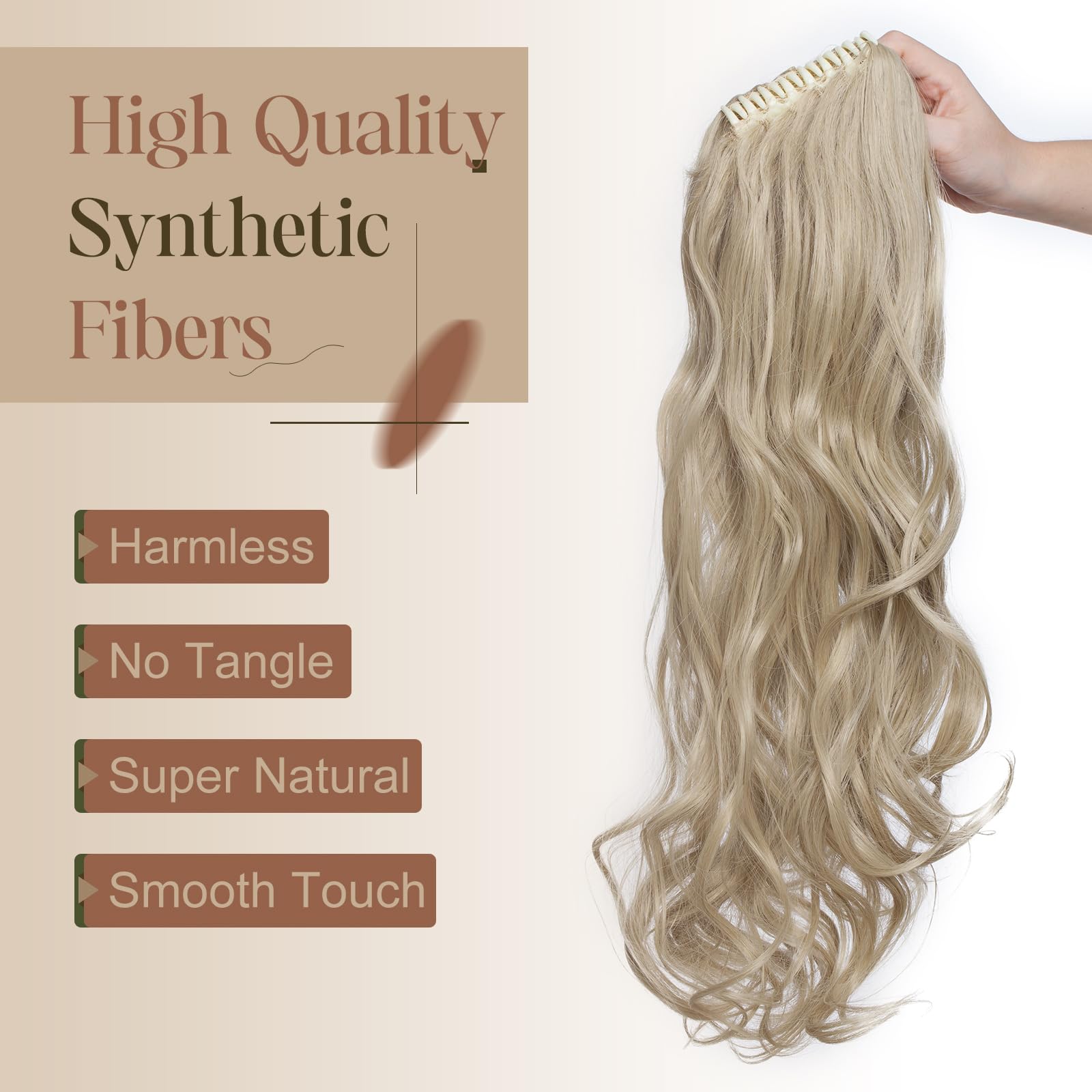 TESS 24 Inch Claw Clip Ponytail Hair Extensions Curly Wavy Ponytail Extension #Ash Blonde Mixed Bleached Gold Hair Extension for Women 150g - Image 3