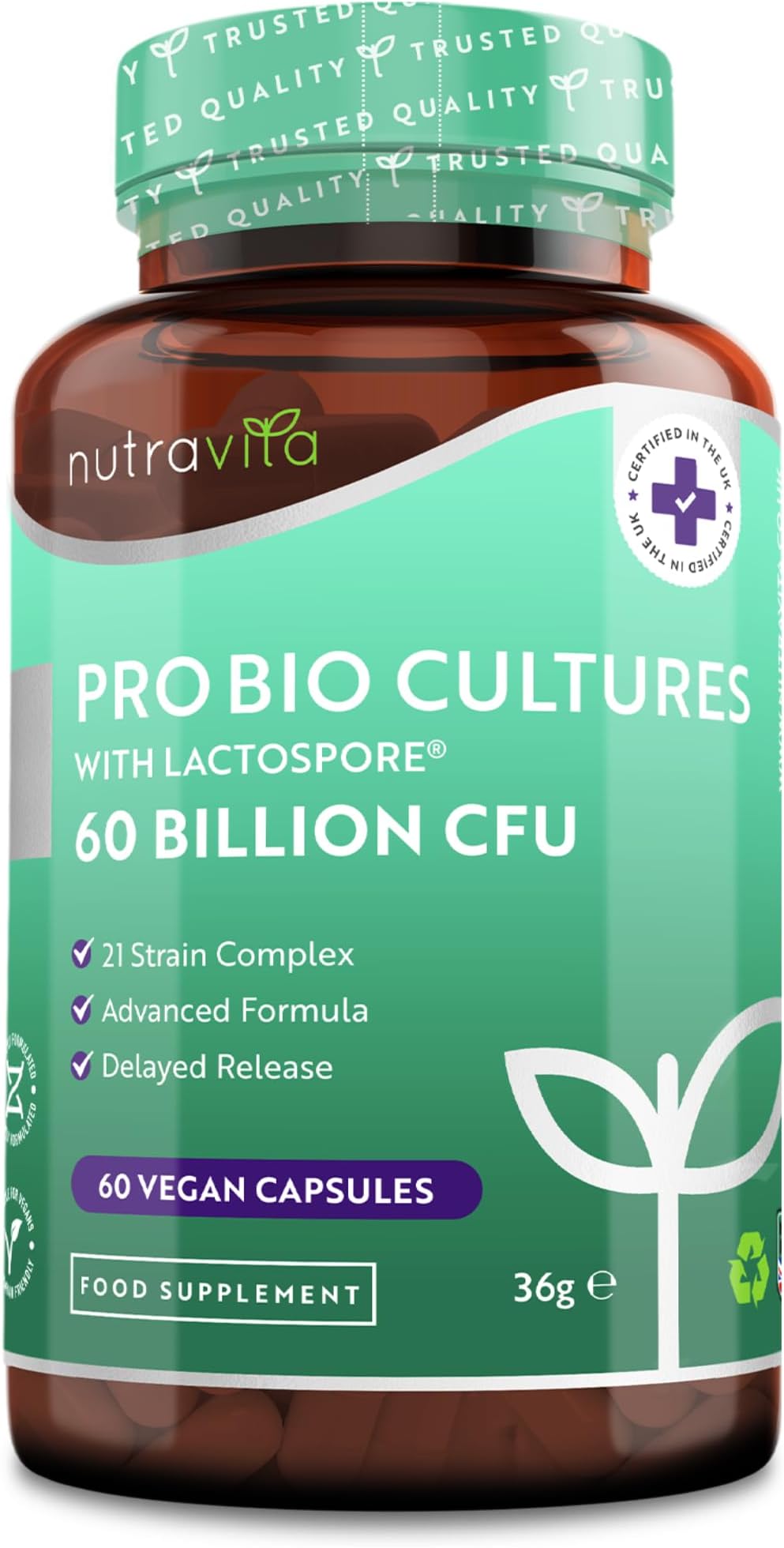 Probiotics 60 billion CFU from 21 cultures complex with Lactospore and bacterial strains belonging to the natural intestinal bacteria, 60 probiotic vegan capsules for 1 month