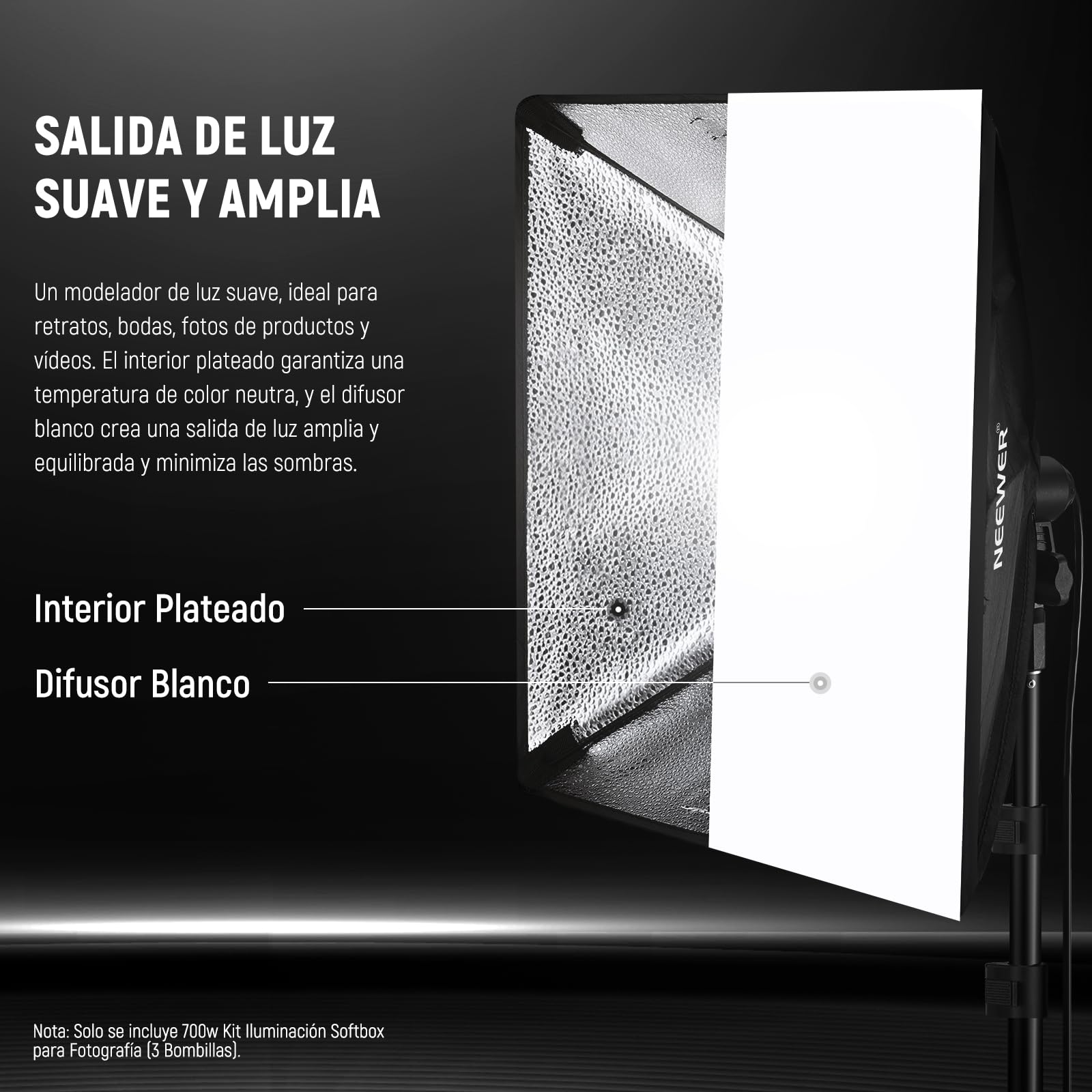 NEEWER Kit de Iluminación Continua de Caja de Luz Equivalente a 700W, 3 Bombillas de LED de 5700K, 60x60cm Softbox con Enchufe E27, Photography Softbox Lighting Kit para Equipo de Estudio Fotográfico