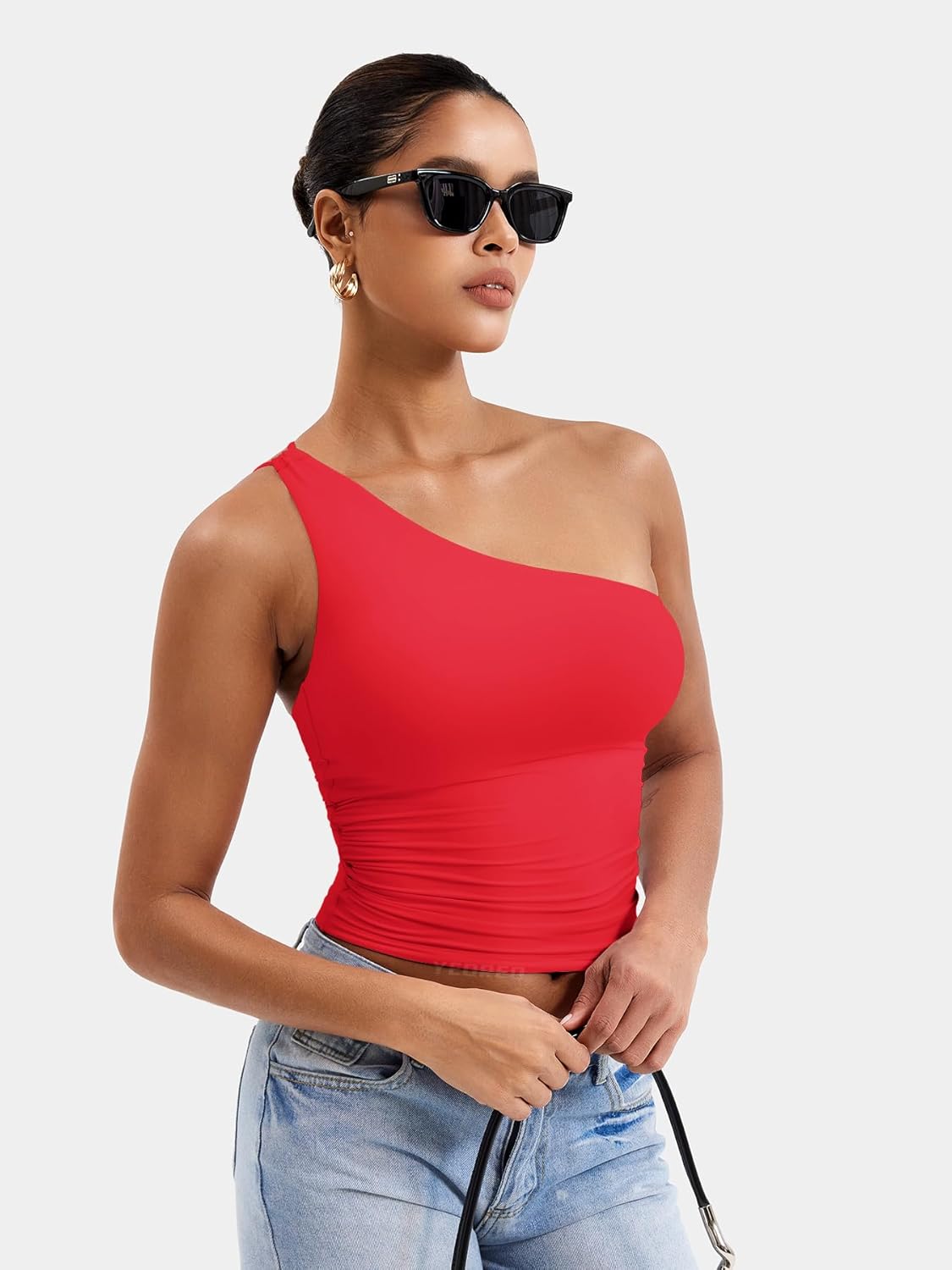 YEOREO Womens One Shoulder Tops Sleeveless Going Out Tank Top Fanciy Double Lined Cropped Tee Y2K Summer Shirts Slim Fit - Image 4