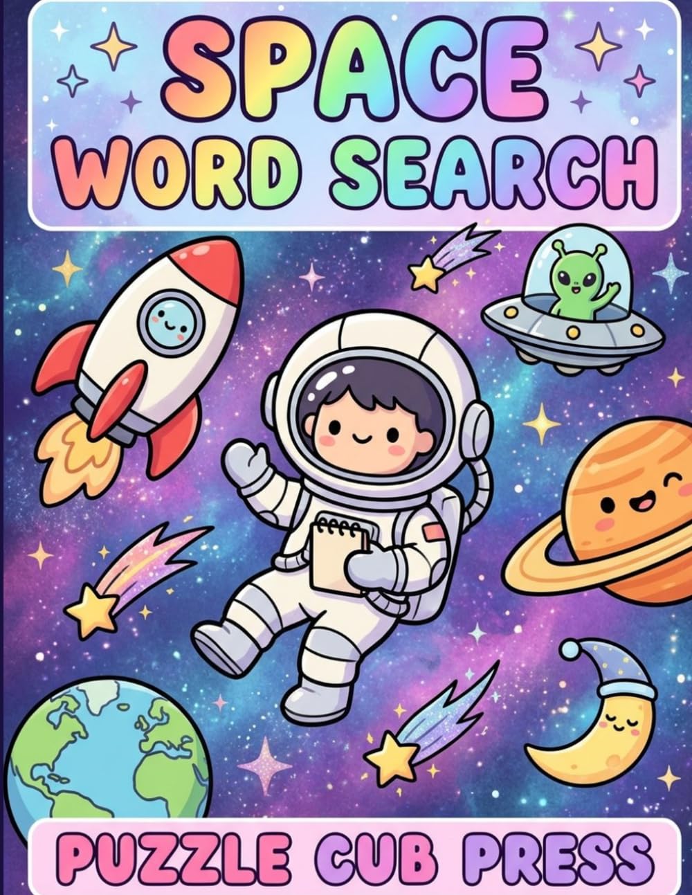 Space Word Search Puzzle Book for Kids: 50 Fun Themed Puzzles with Cute Illustrations, Space Facts and Full Solutions | Ages 6-12