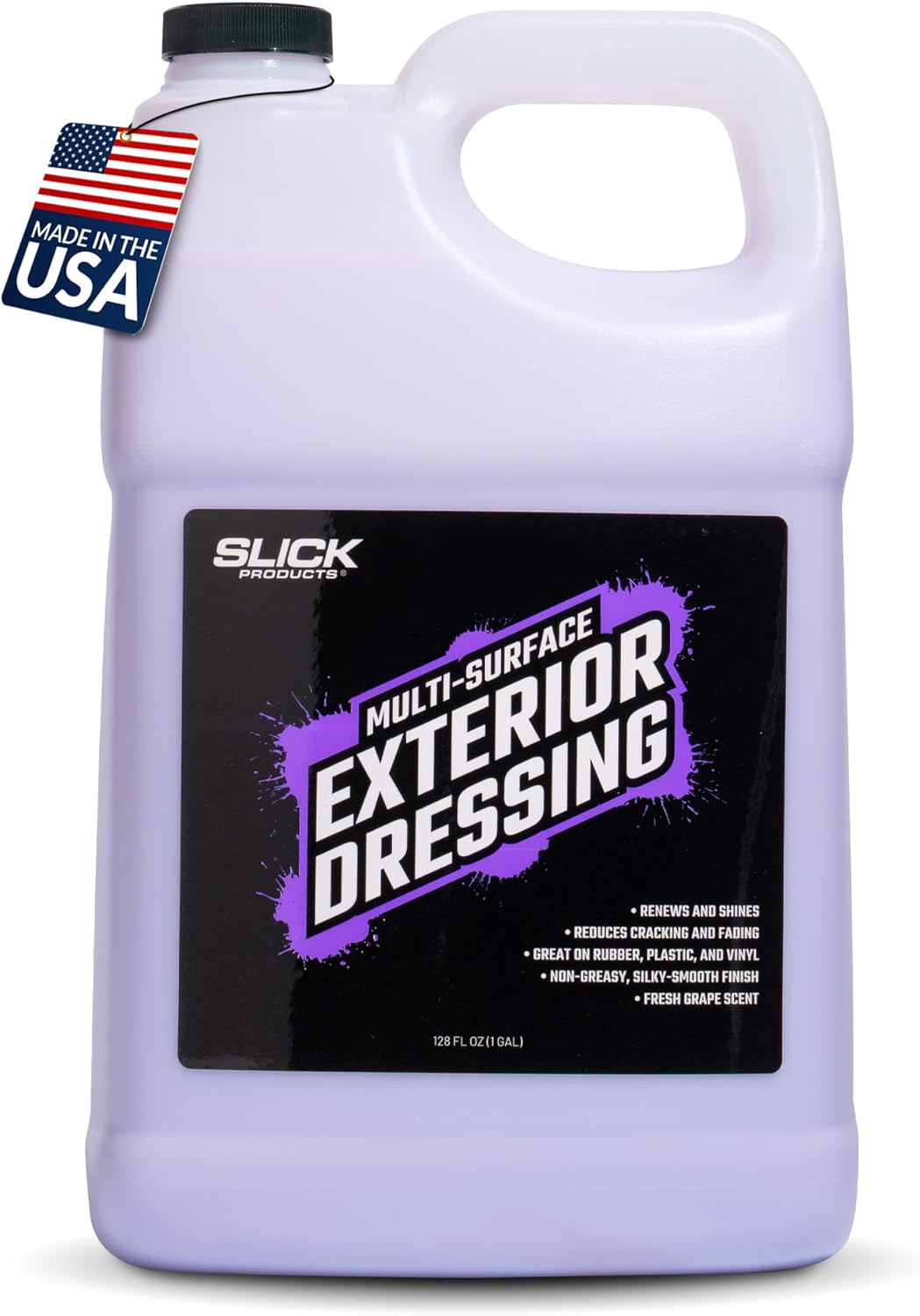 Slick Products Multi-Surface Exterior Dressing – Restores, Protects & Shines Vinyl, Rubber & Plastic – Non-Greasy Silky Finish with Fresh Grape Scent – 128 oz.