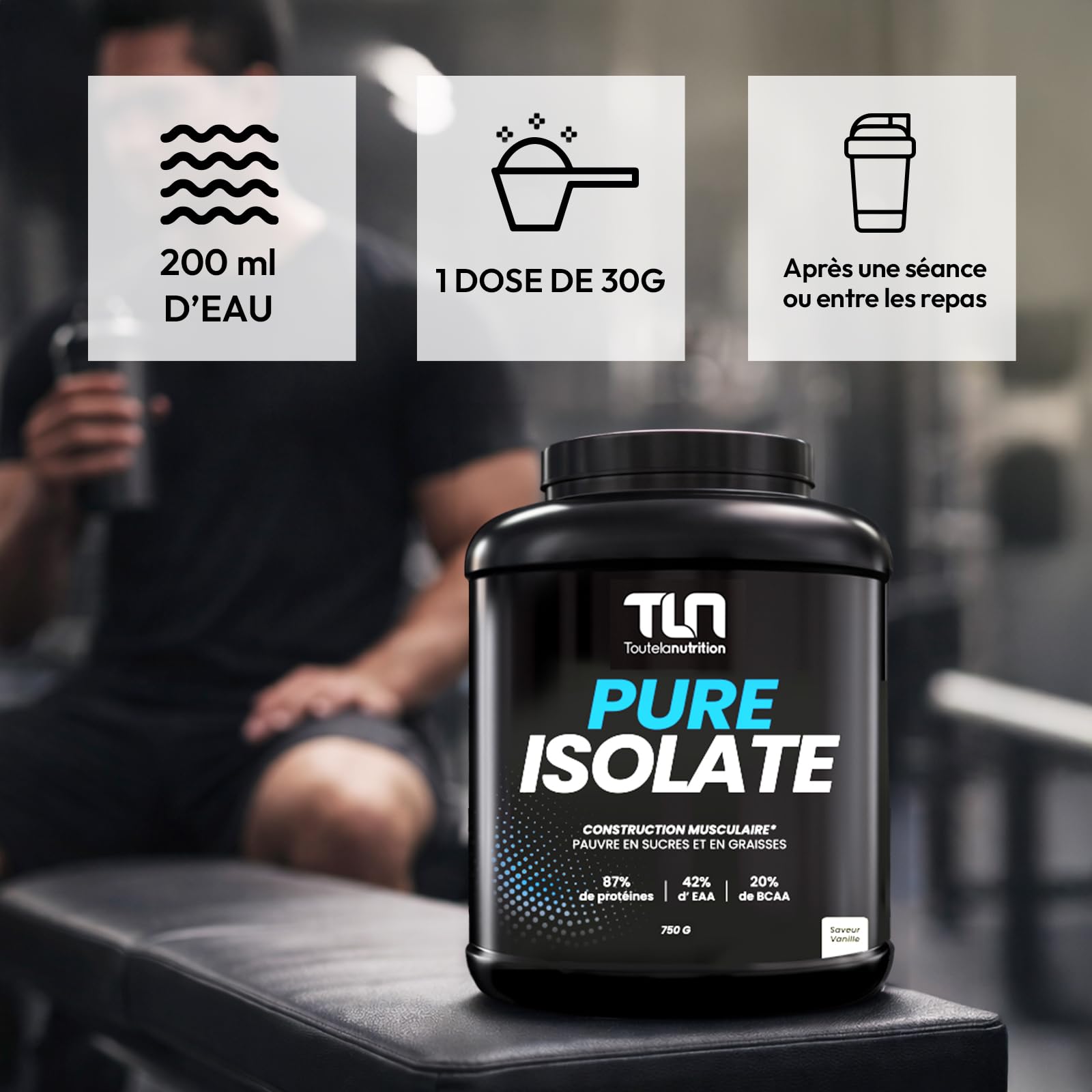 PURE ISOLATE | Isolat de protéines de Whey | Jusqu’à 88% de Protéines | Riche en BCAA et Glutamine | Protéine Musculation Rapide | Texture Onctueuse Goût Vanille | Pauvre en Lactose | 750g | TLN
