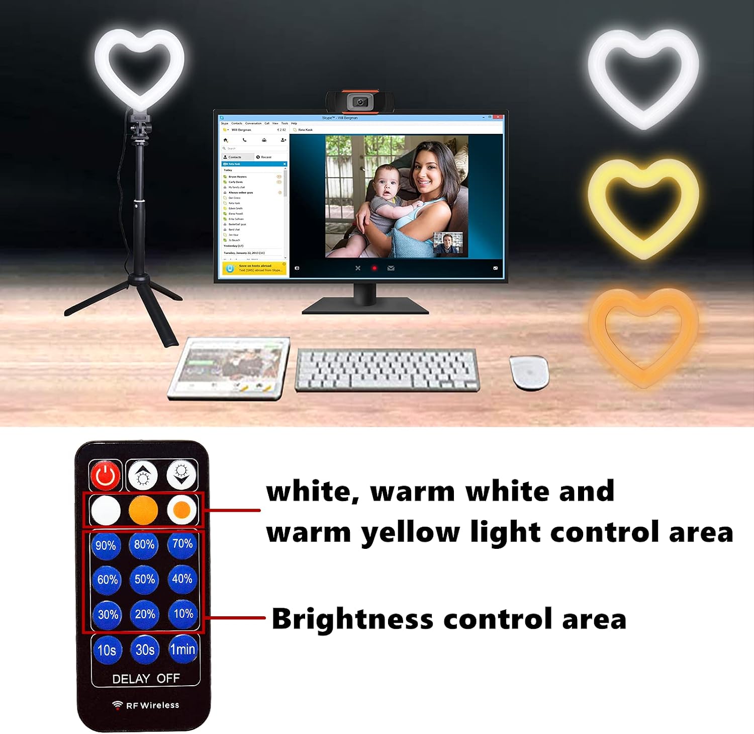 Heart Ring Light for Laptop with Clip and Tripod Stand 6inch 3 Light Modes Video Conference Lighting for Zoom Meetings/Video Calls/Live Stream